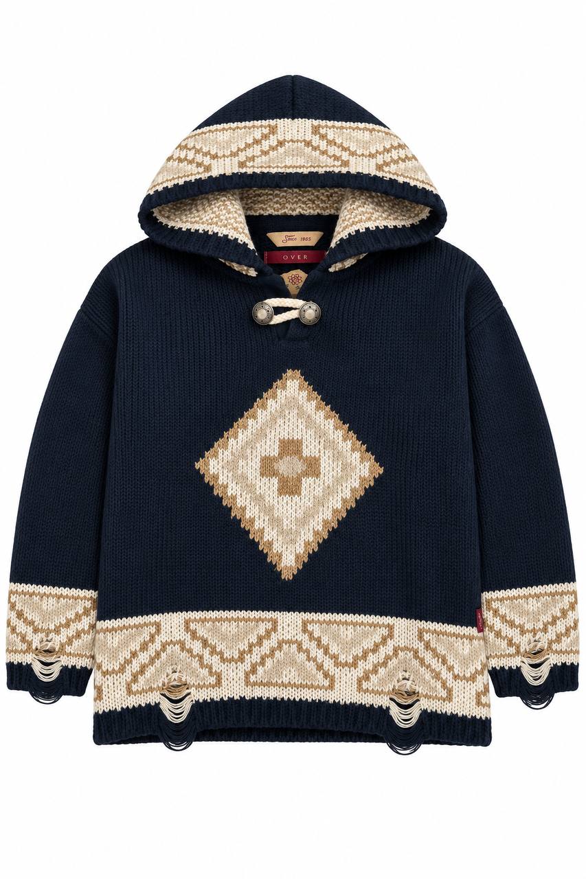 Poncho Uomo Oversize con Cappuccio e Fantasia a Rombo