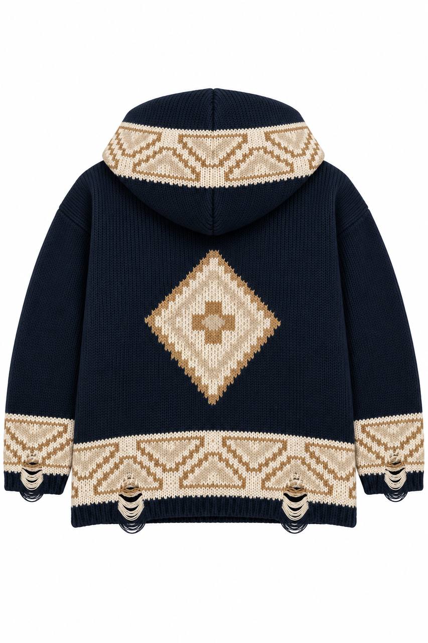 Poncho Uomo Oversize con Cappuccio e Fantasia a Rombo