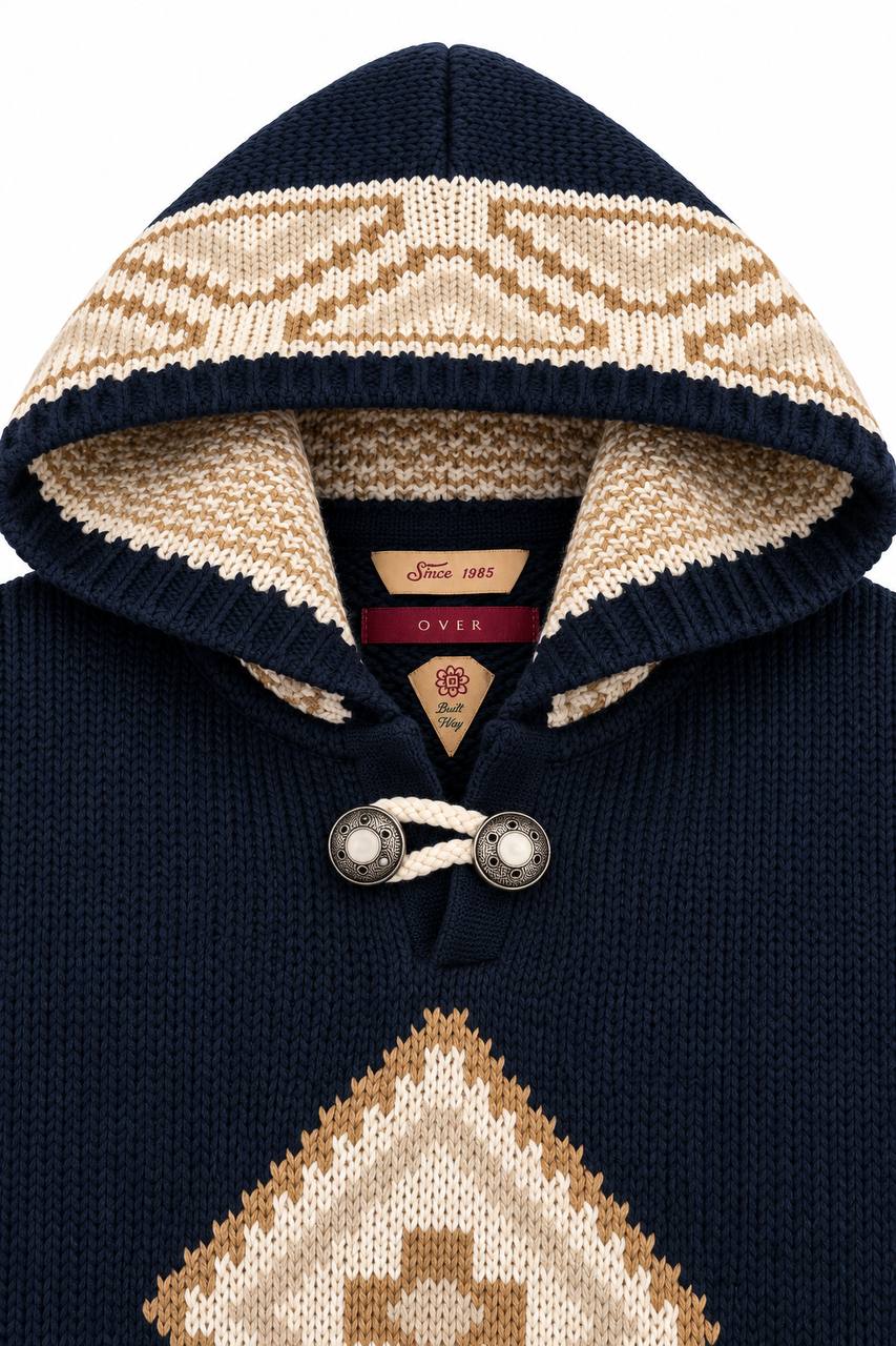 Poncho Uomo Oversize con Cappuccio e Fantasia a Rombo