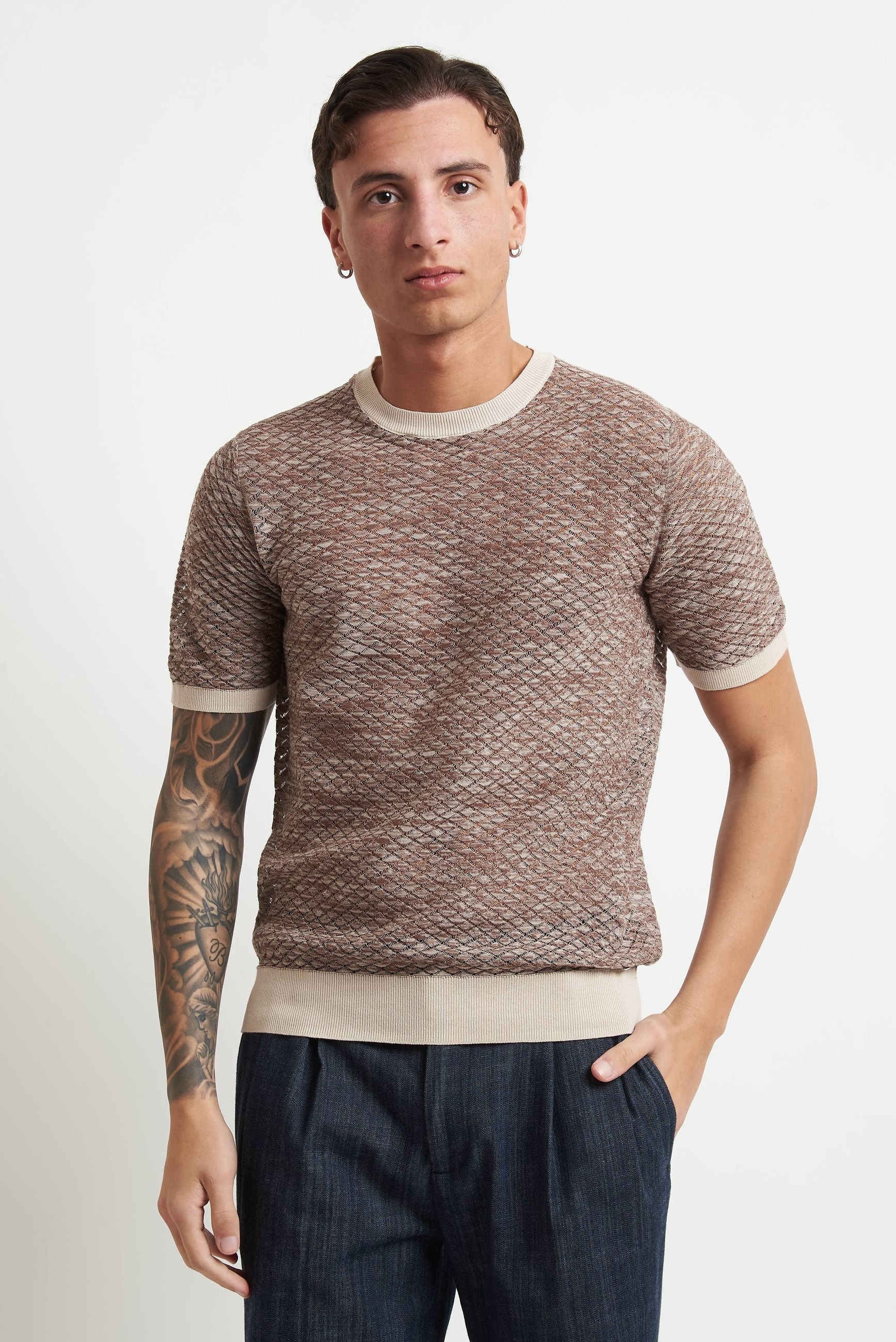 T-shirt Traforata Sfumata Beige e Marrone in Cotone mk1900025