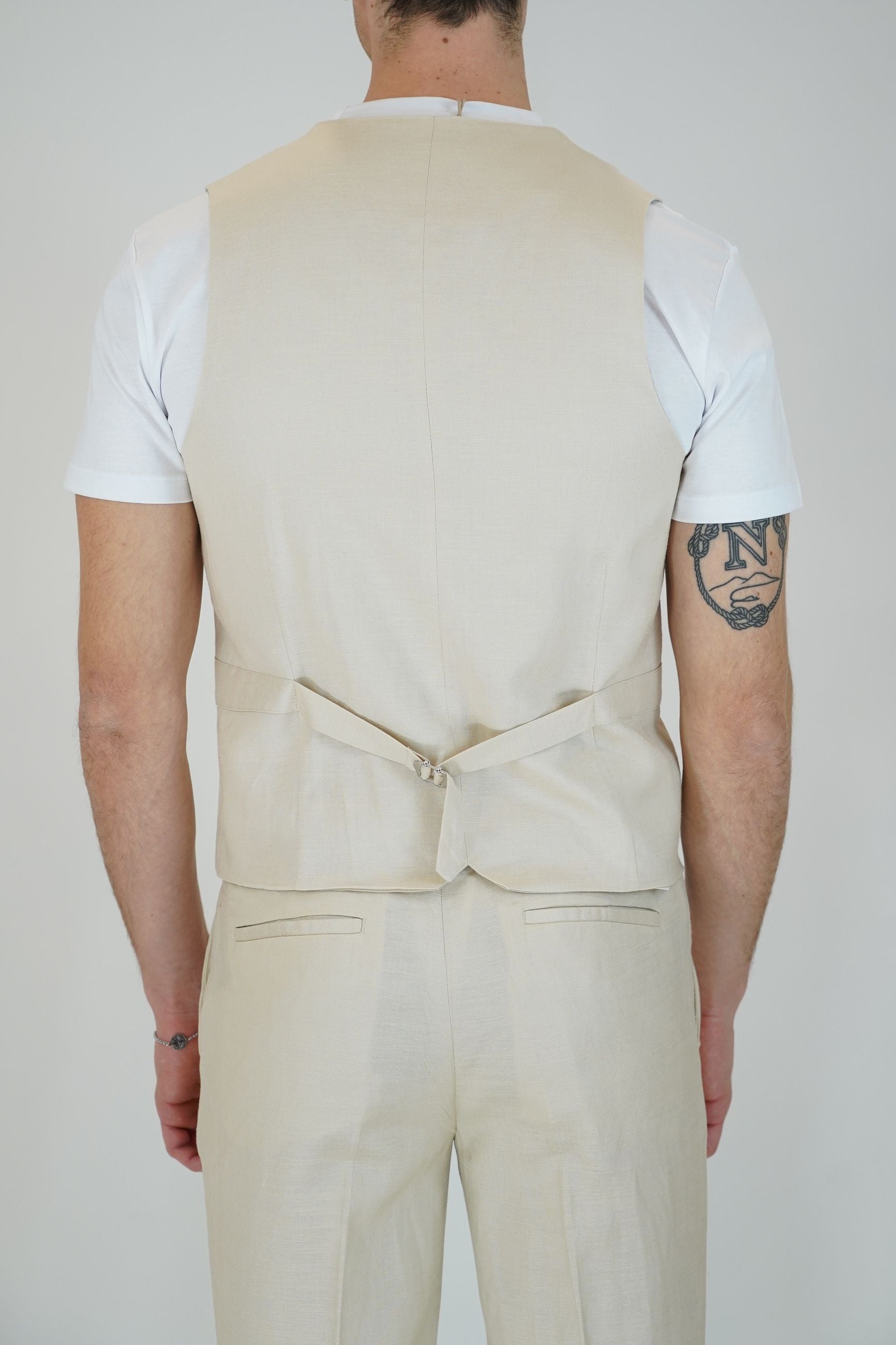 Gilet Monopetto in Lino e Rayon con 5 Bottoni e Laccetto Regolabile