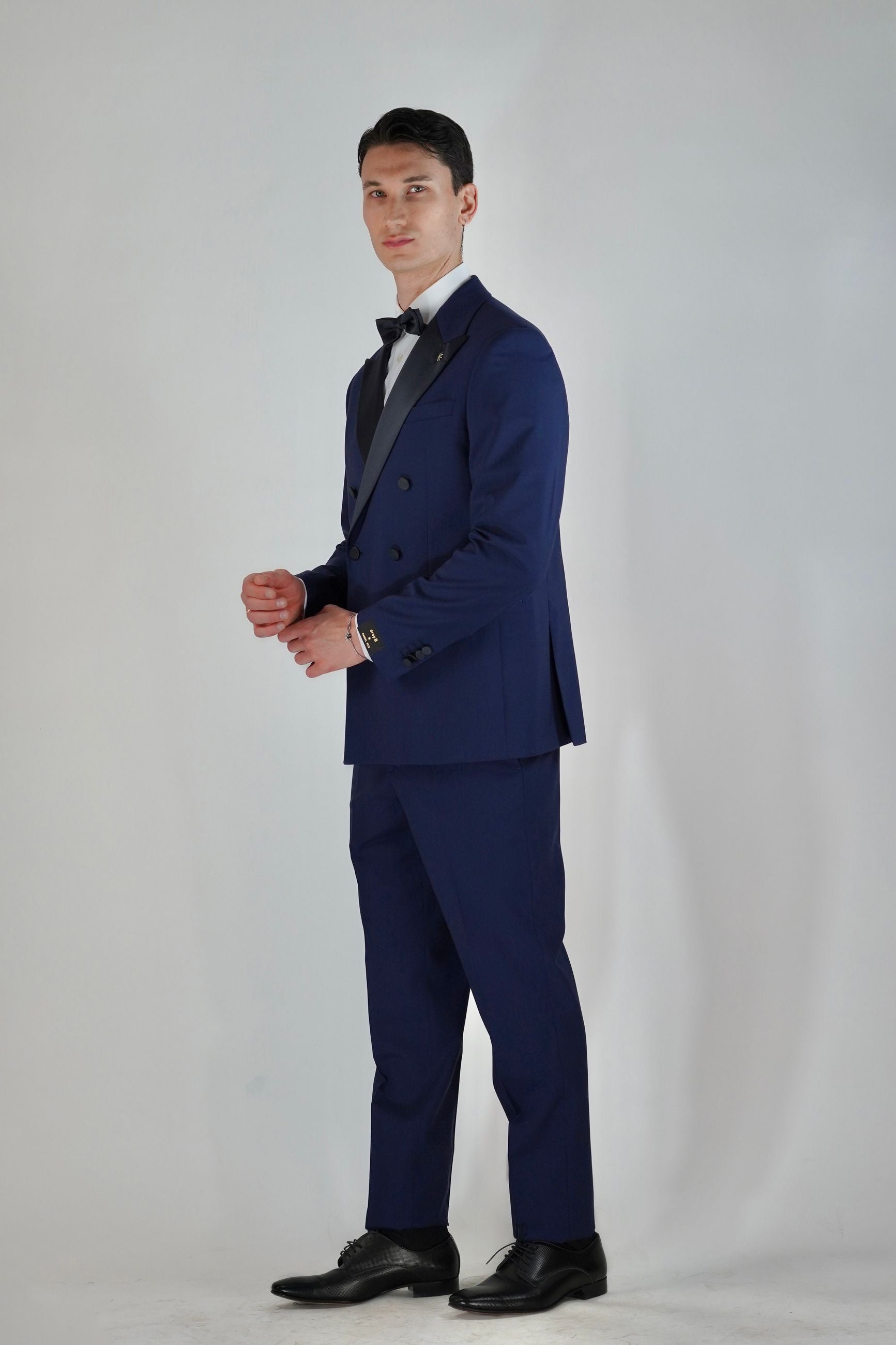 Smoking Doppiopetto Drop 8 Foderato con Rever a Lancia e Pantalone Slim Fit