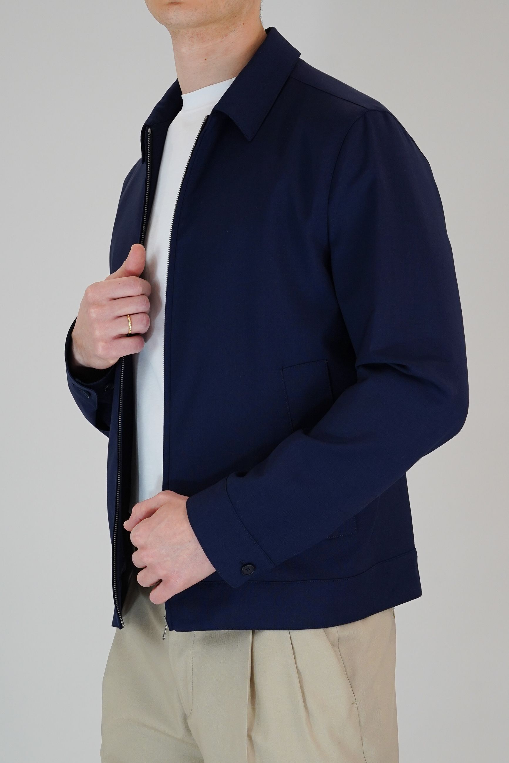 Giubbino Semifoderato in Lana Stretch con Collo Camicia e Chiusura Zip