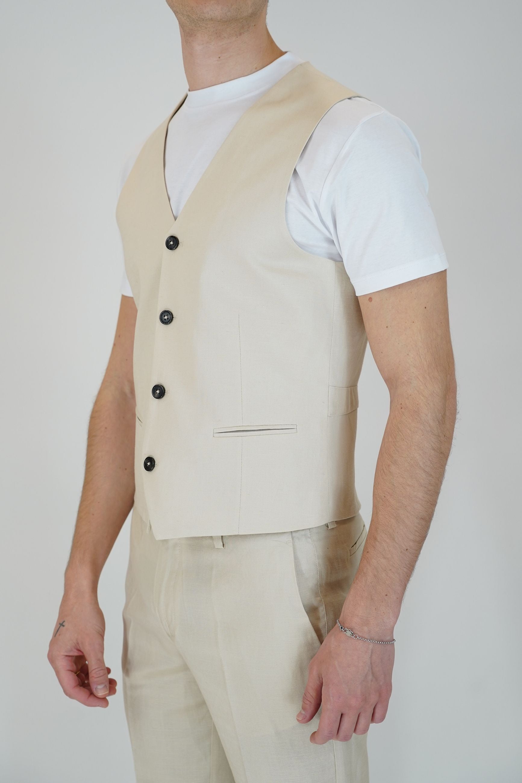 Gilet Monopetto in Lino e Rayon con 5 Bottoni e Laccetto Regolabile