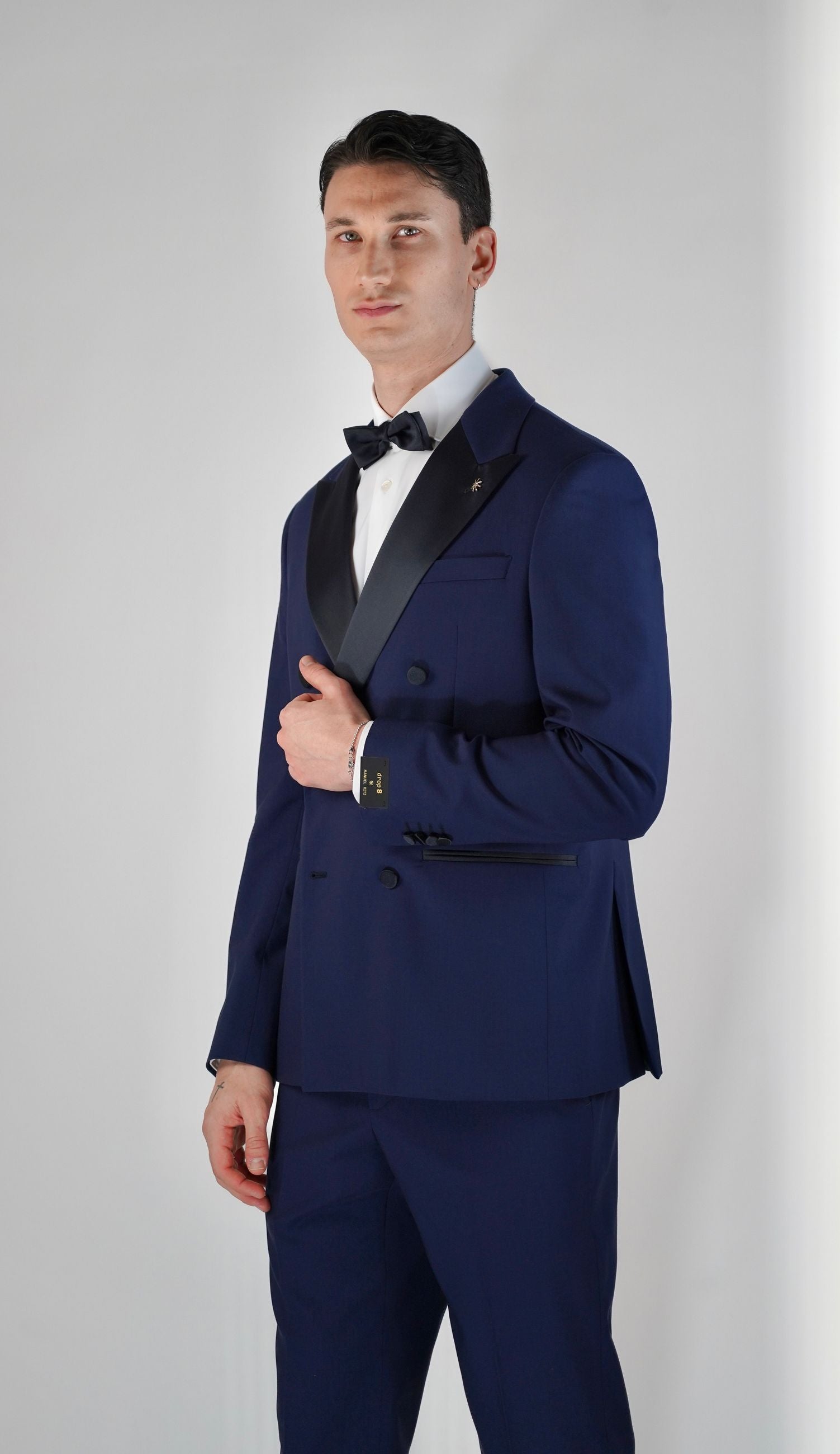 Smoking Doppiopetto Drop 8 Foderato con Rever a Lancia e Pantalone Slim Fit