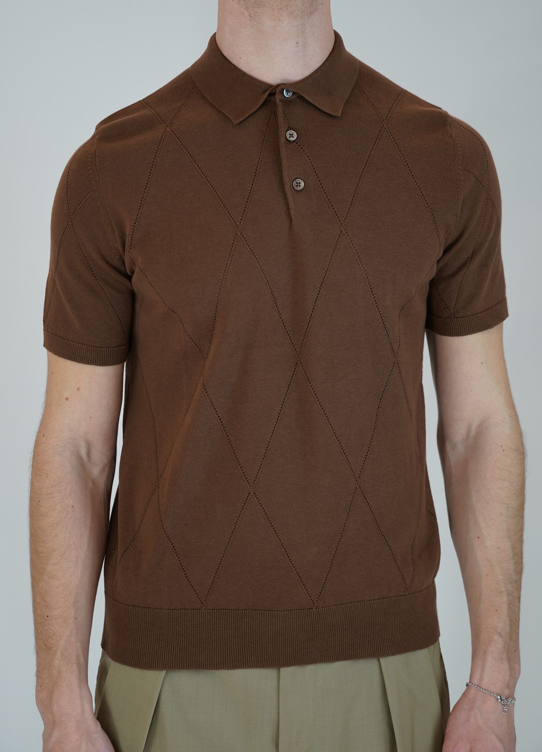 Polo in Maglia Manica Corta Traforata con Fantasia a Rombo