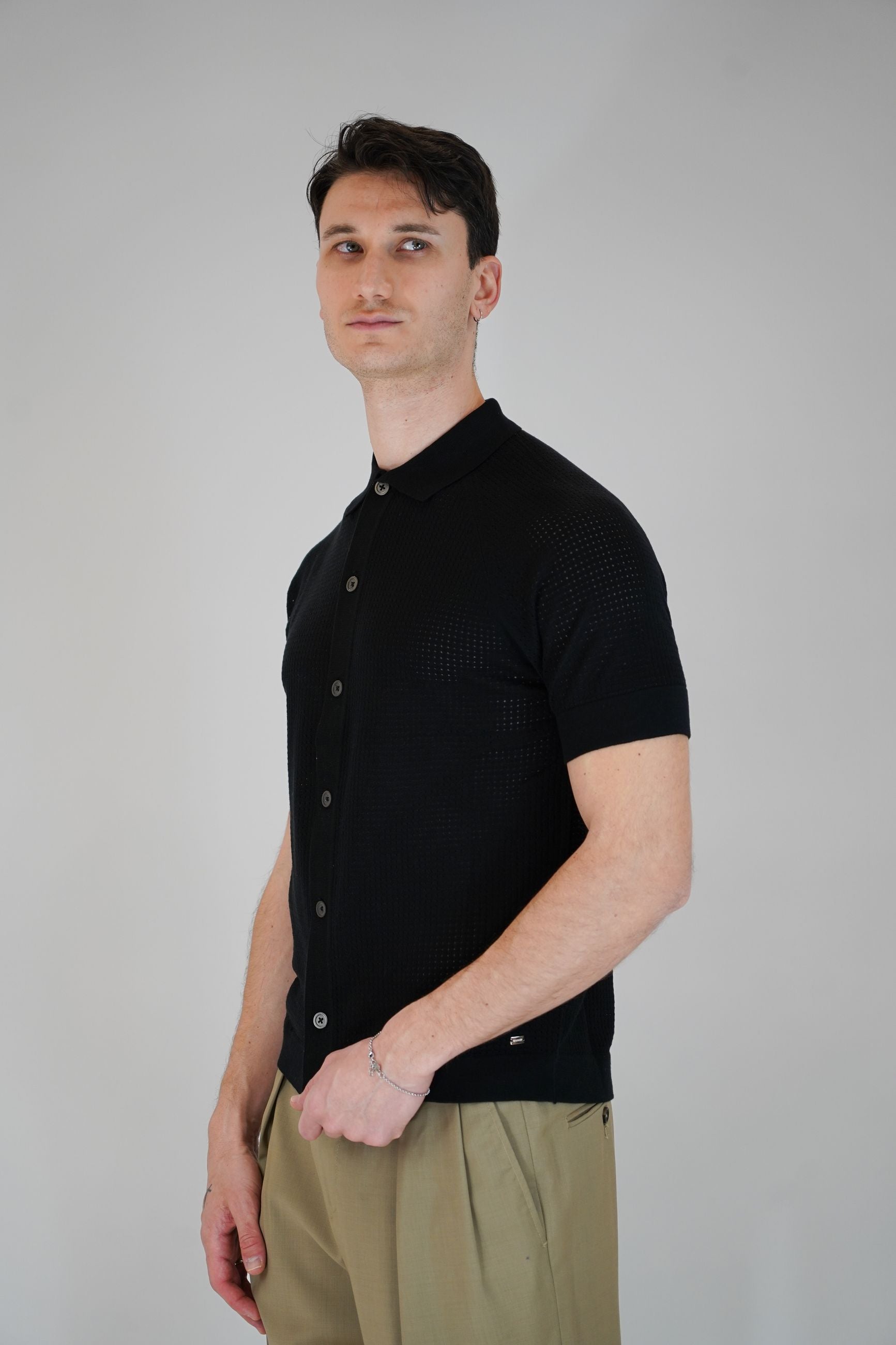 Polo Cardigan in Maglia a Manica Corta con Bottoni in Madreperla
