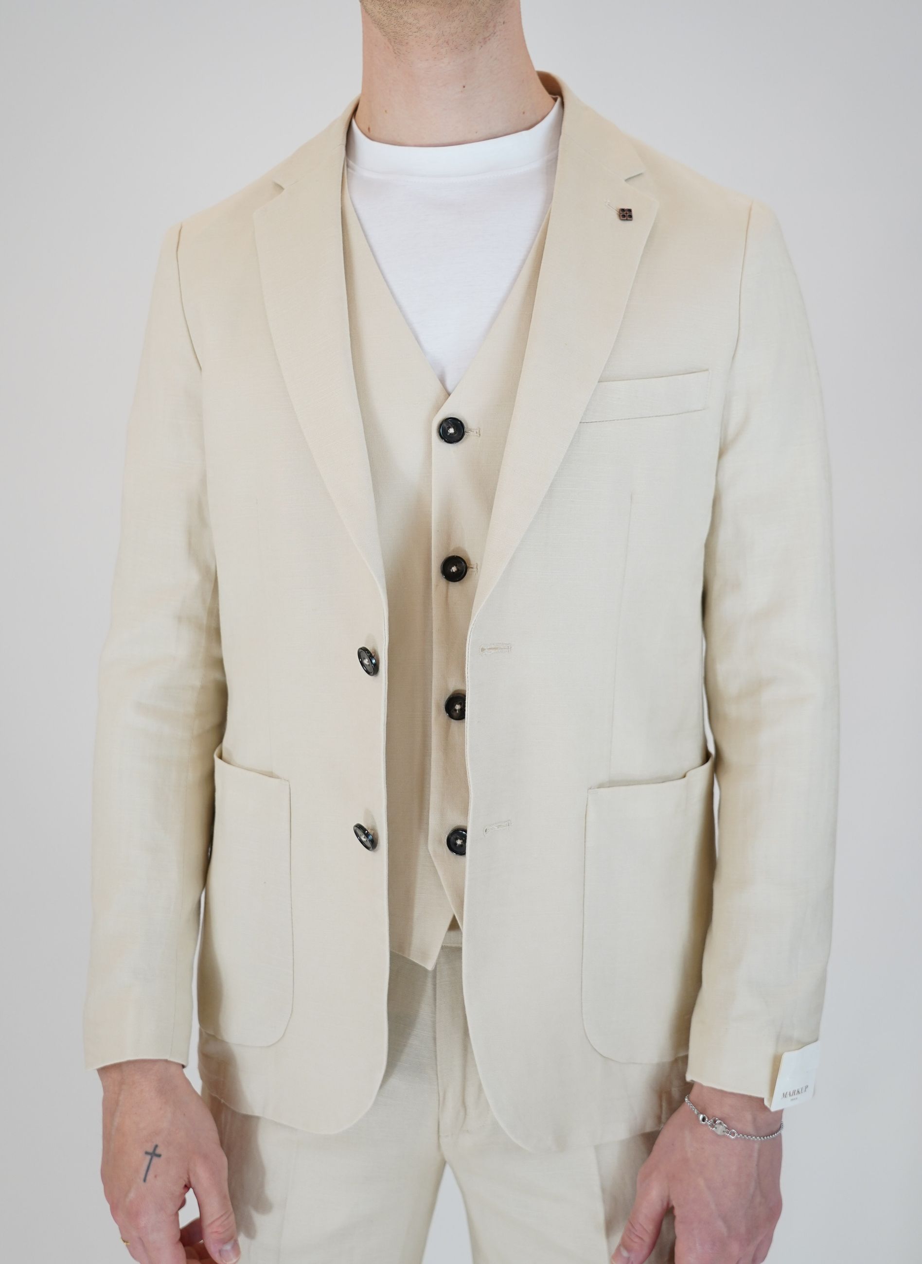 Gilet Monopetto in Lino e Rayon con 5 Bottoni e Laccetto Regolabile