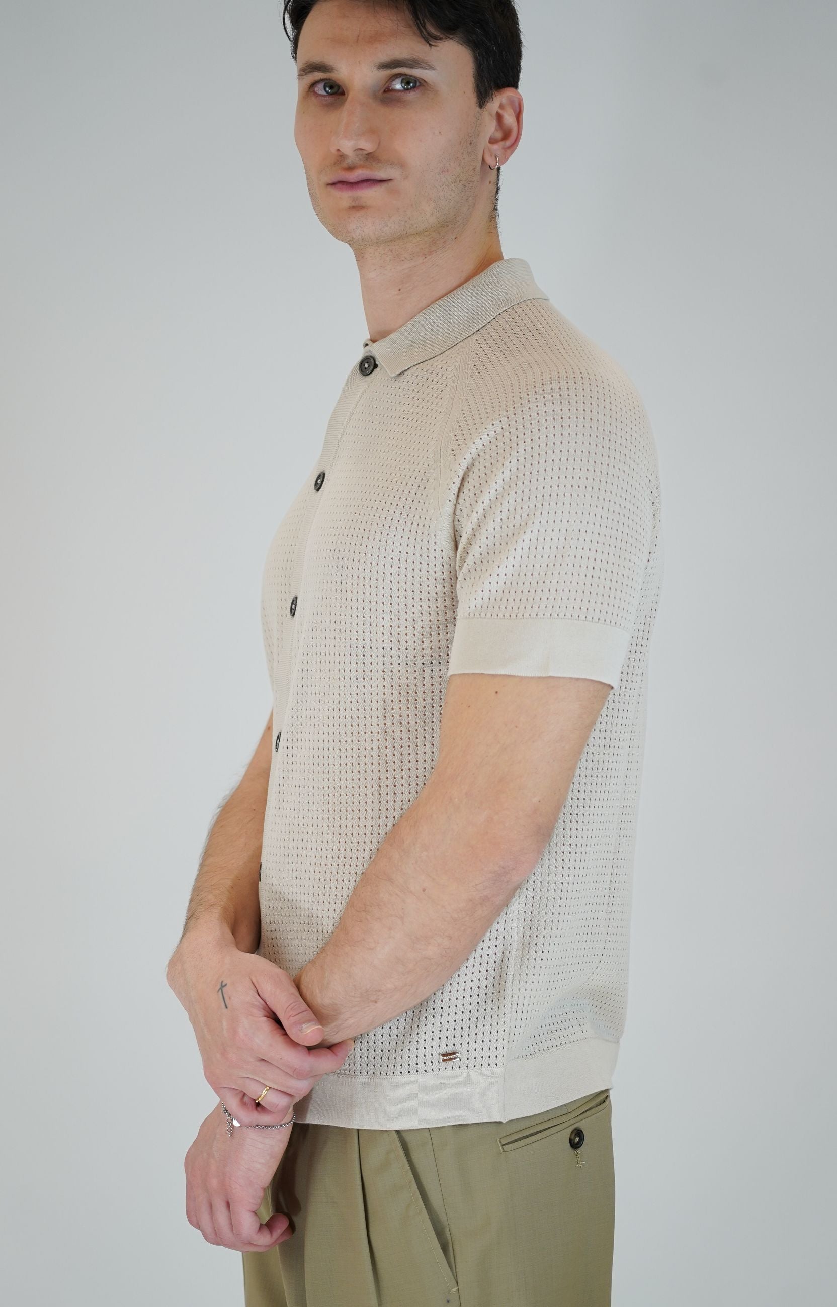 Polo Cardigan in Maglia a Manica Corta con Bottoni in Madreperla