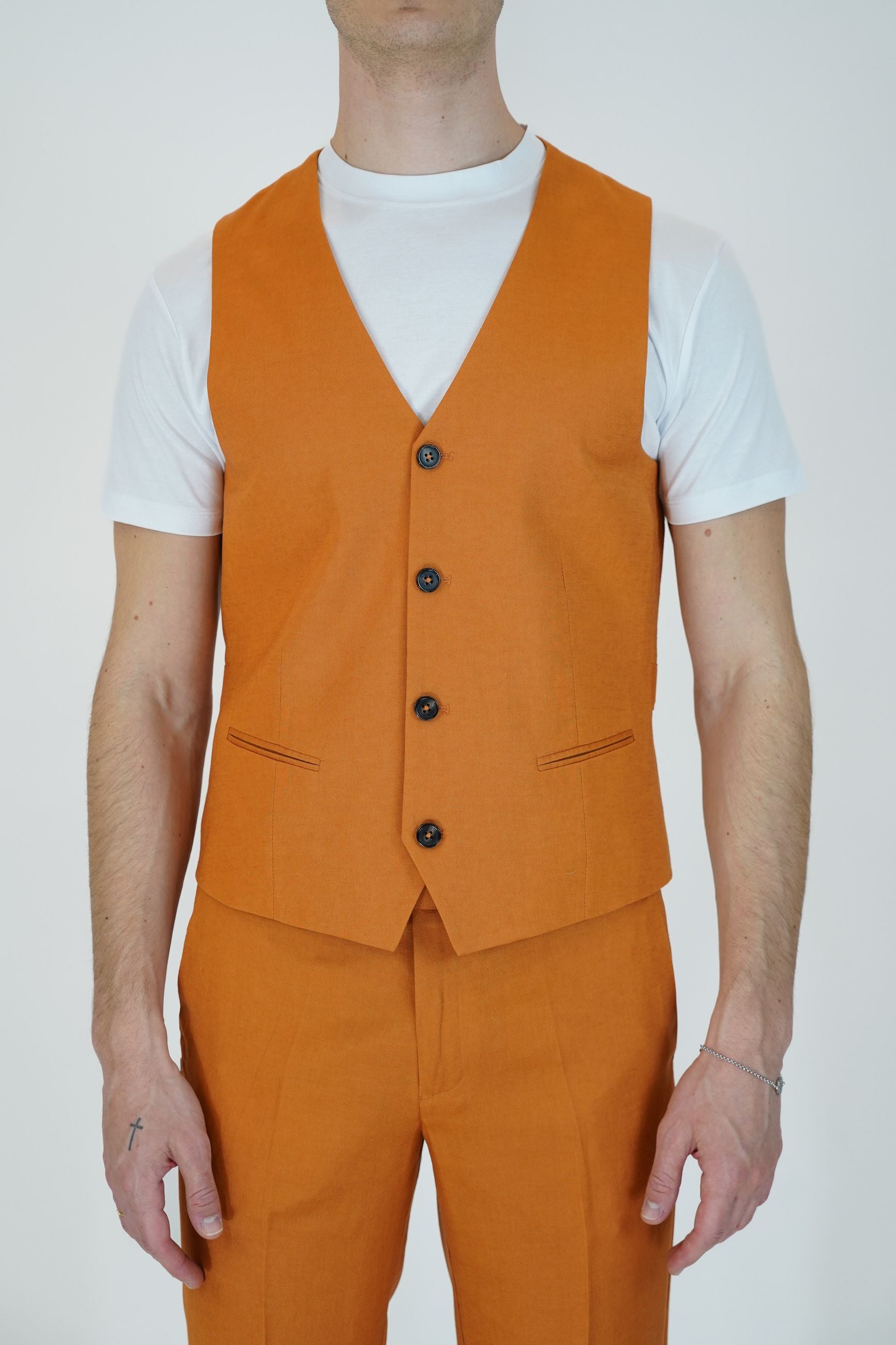 Gilet Monopetto in Lino e Rayon con 5 Bottoni e Laccetto Regolabile