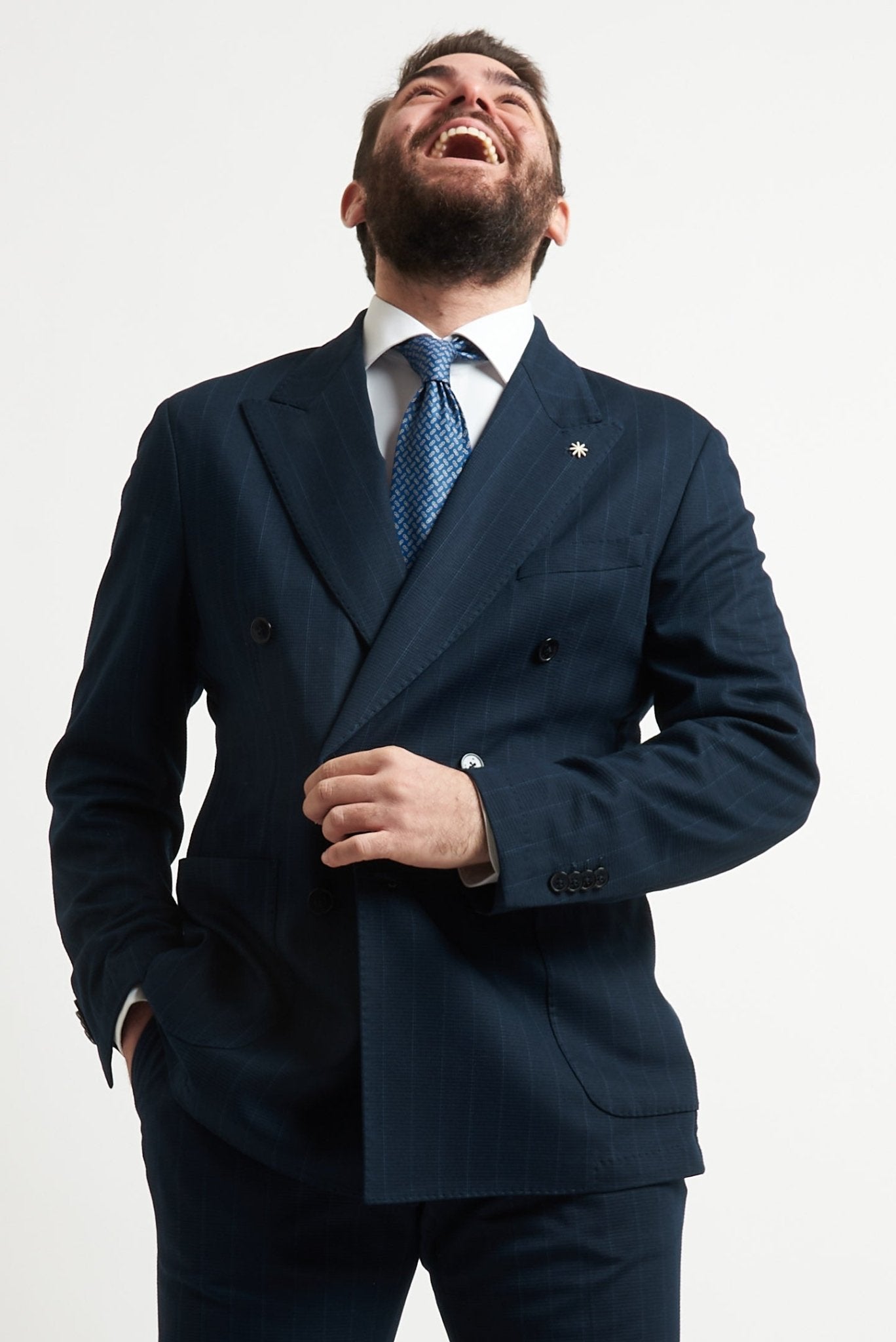 Abito Doppiopetto Gessato Blu con Tasche a Top e Doppio Spacco - De Matteo Uomo