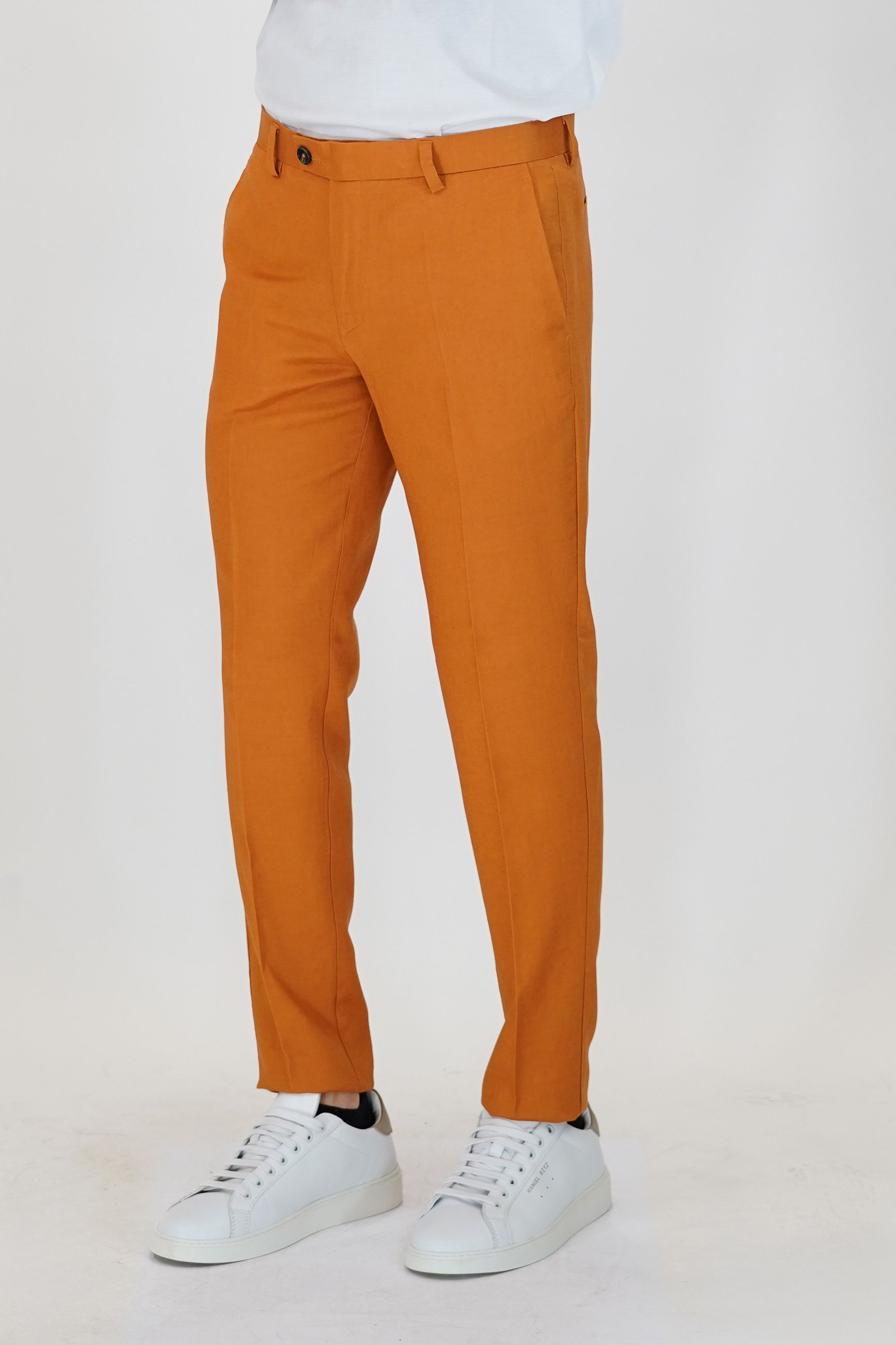 Pantaloni con Tasche America e Tasche Posteriori a Filo in Lino e Viscosa