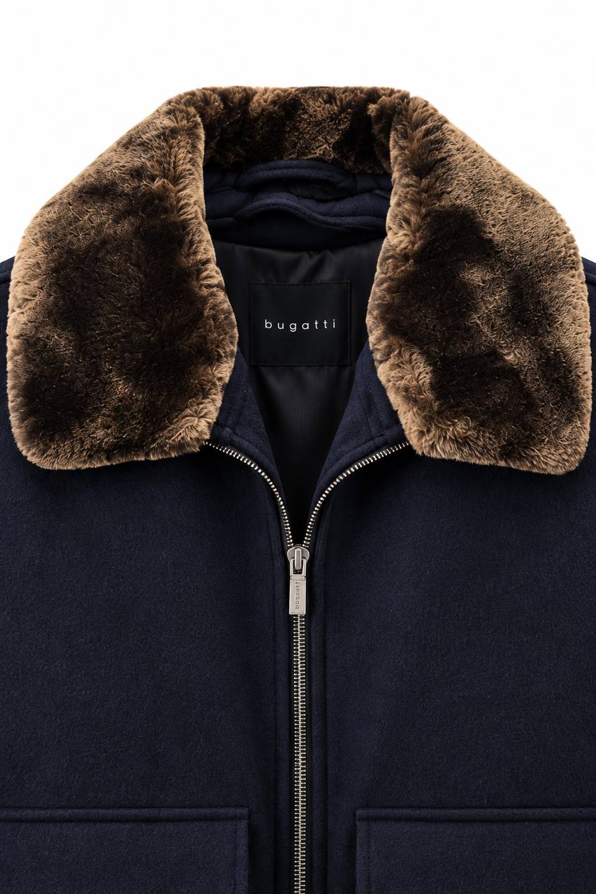 Bomber Uomo in Lana con Collo in Pelliccia Ecologica Removibile - De Matteo Uomo