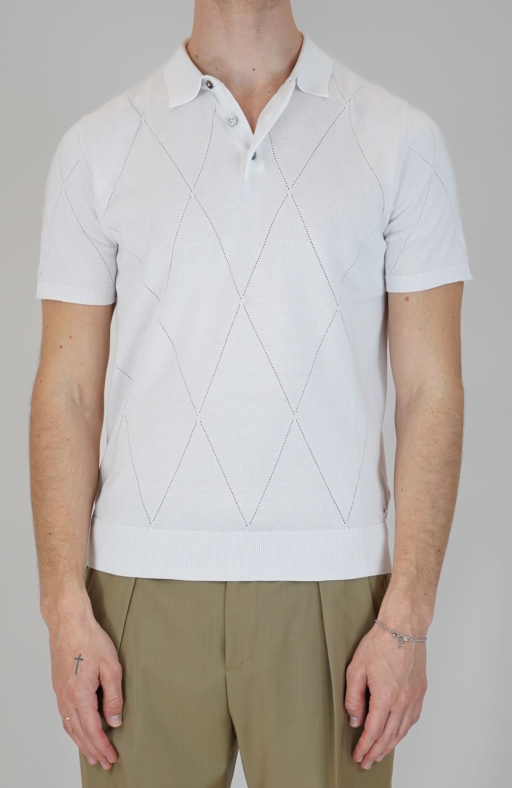 Polo in Maglia Manica Corta Traforata con Fantasia a Rombo