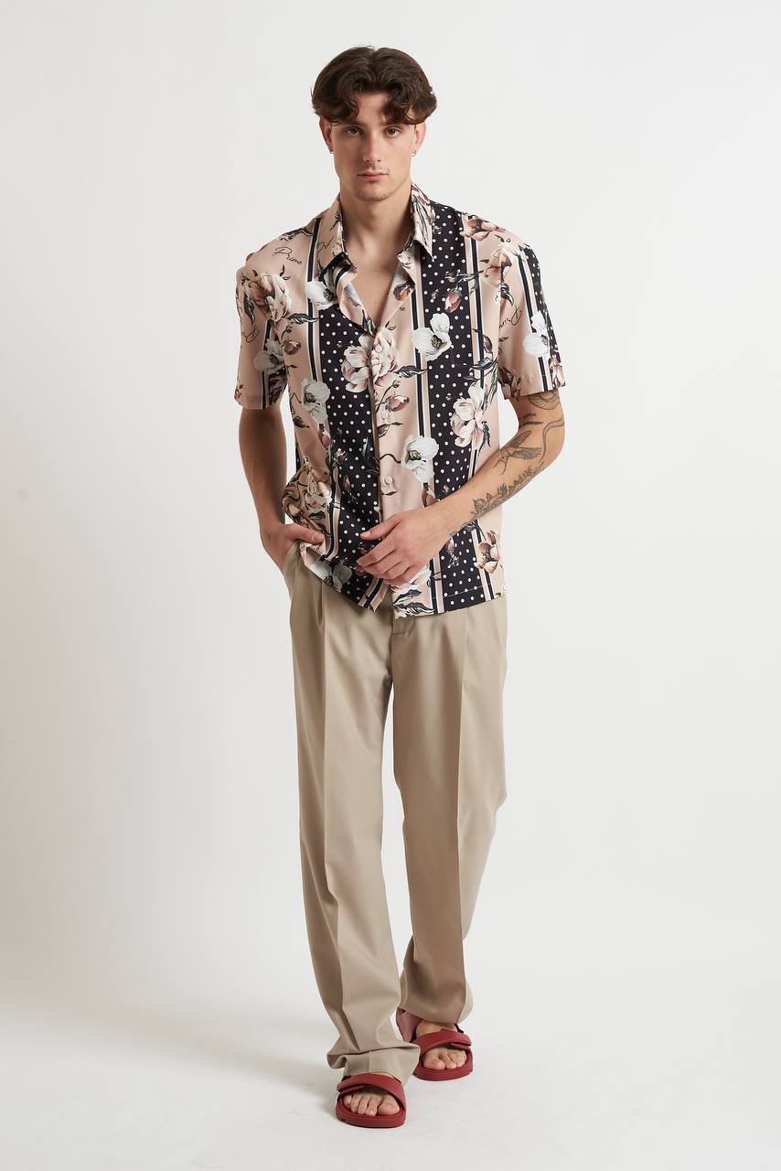Camicia con Collo Italiano a Mezza Manica con Fantasia su Fondo Beige - De Matteo Uomo