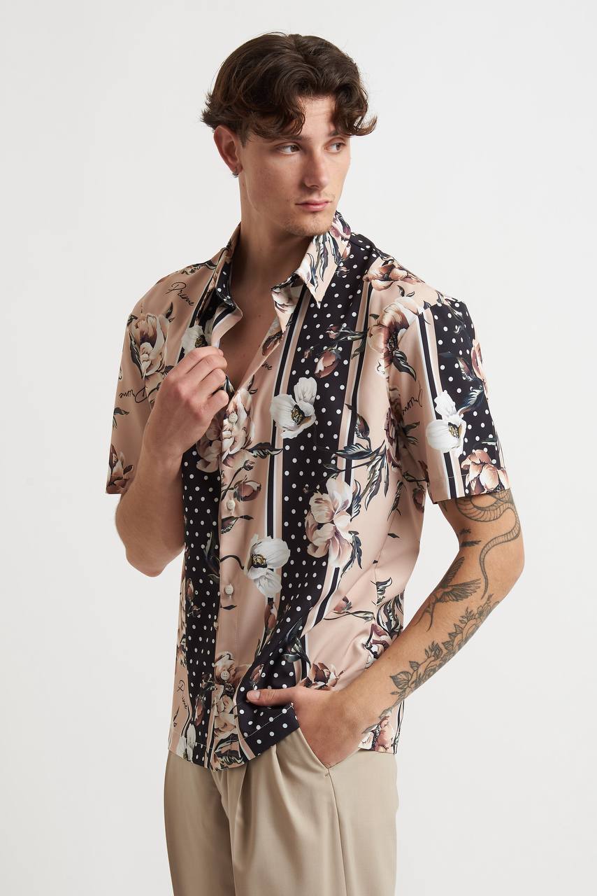 Camicia con Collo Italiano a Mezza Manica con Fantasia su Fondo Beige - De Matteo Uomo