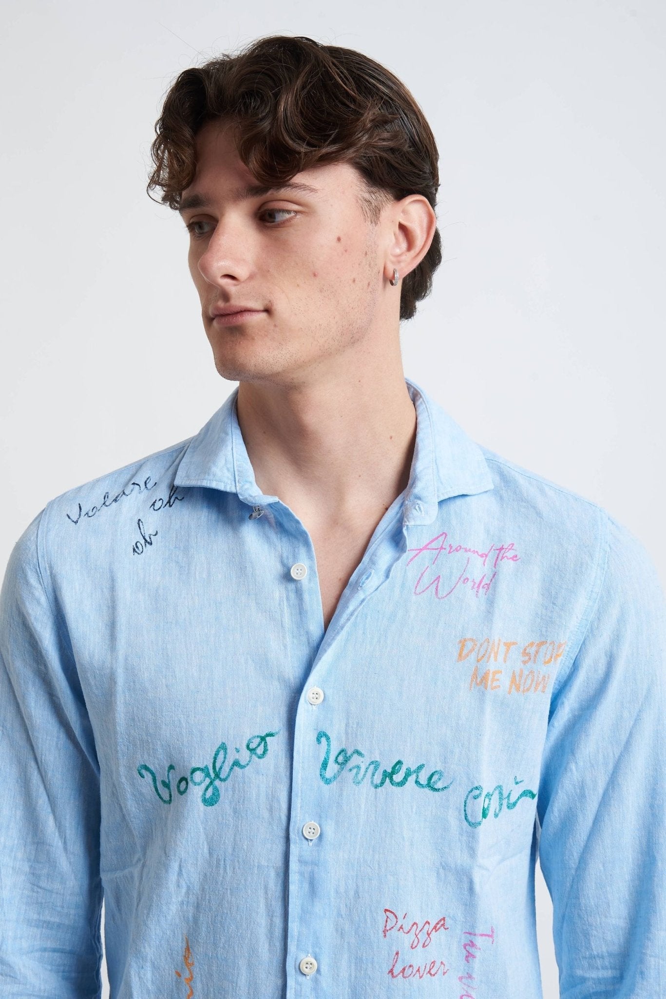 Camicia in Lino e Cotone Dipinta a Mano con Collo Classico - De Matteo Uomo