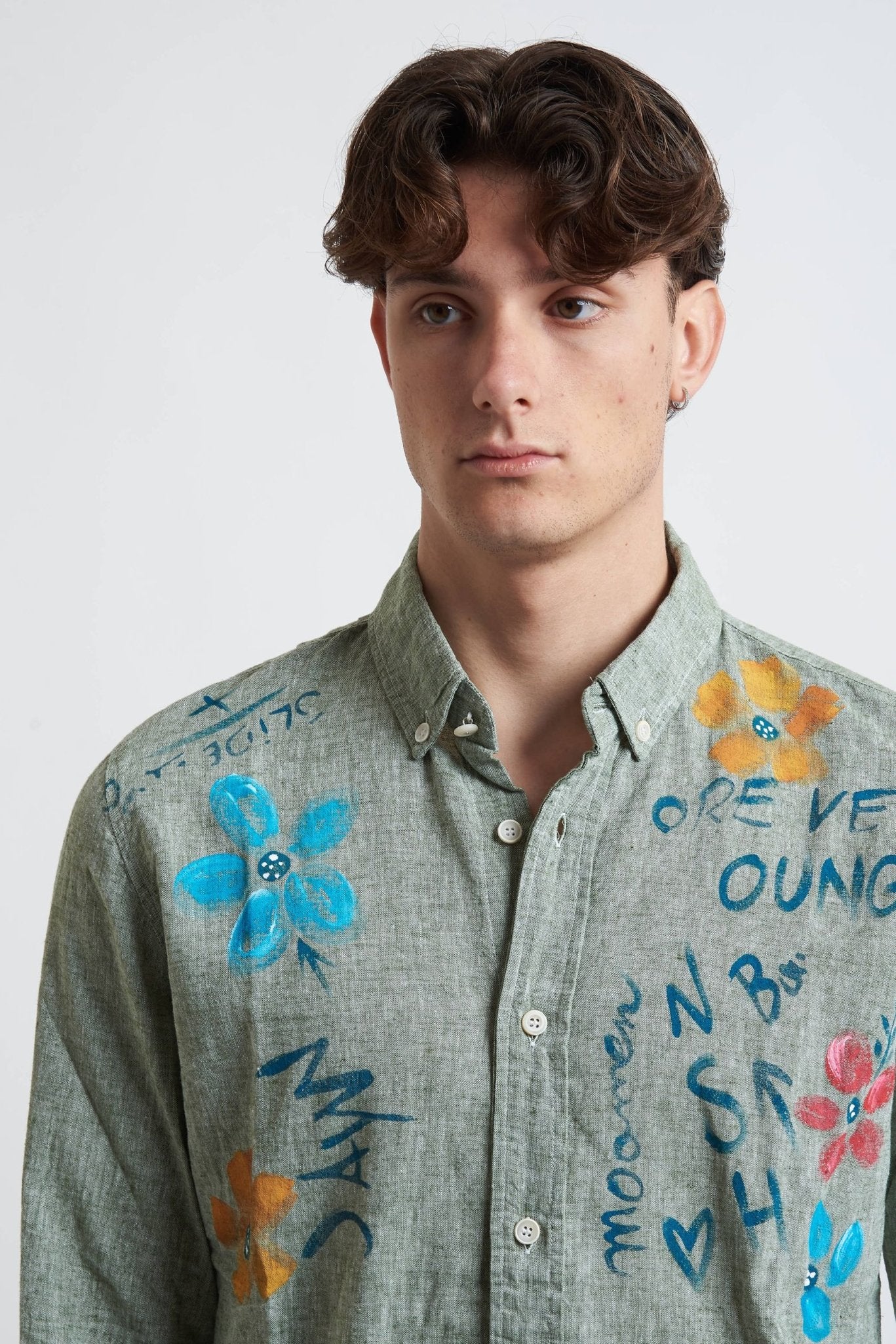 Camicia in Lino e Cotone Dipinta a Mano con Collo Classico - De Matteo Uomo