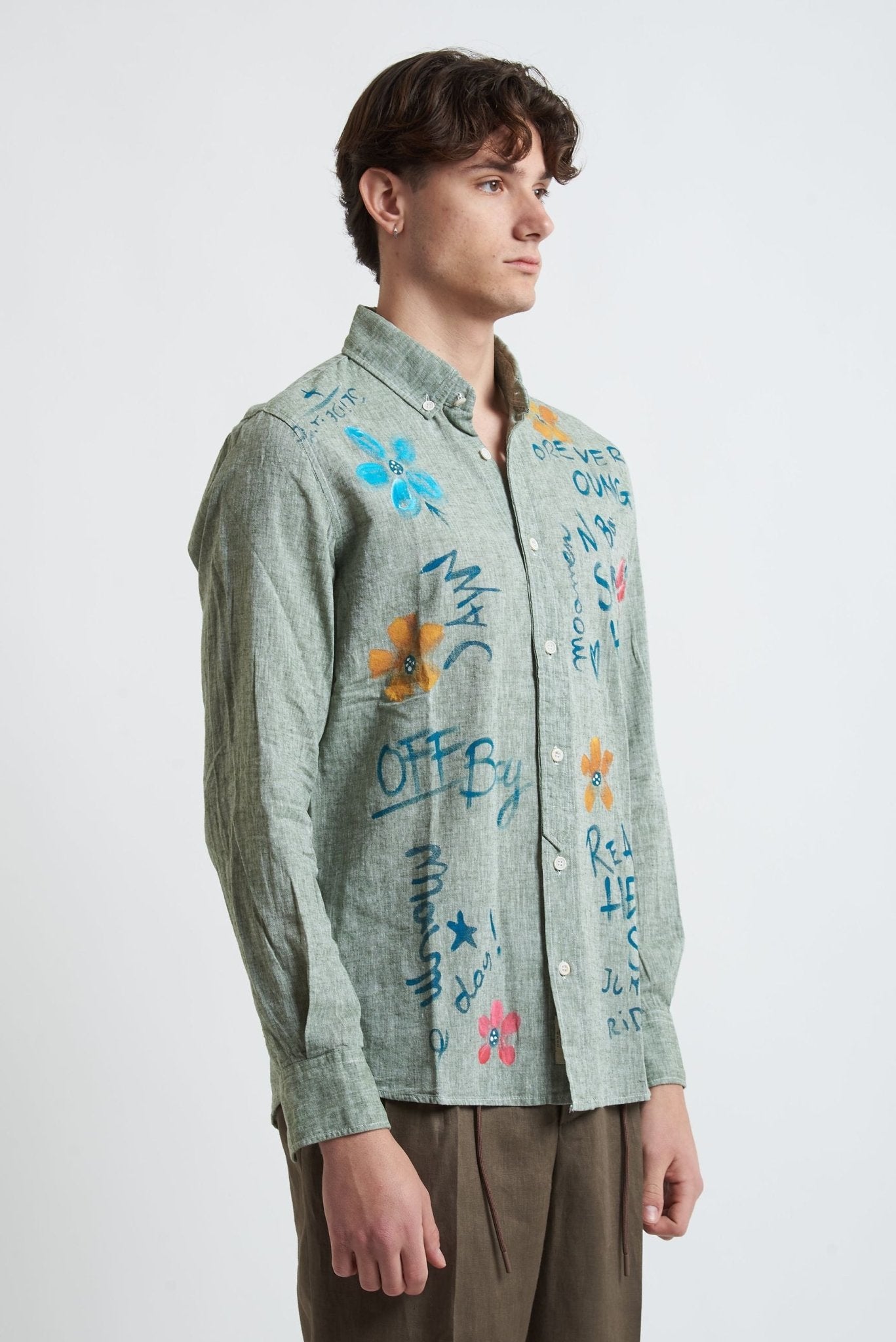 Camicia in Lino e Cotone Dipinta a Mano con Collo Classico - De Matteo Uomo