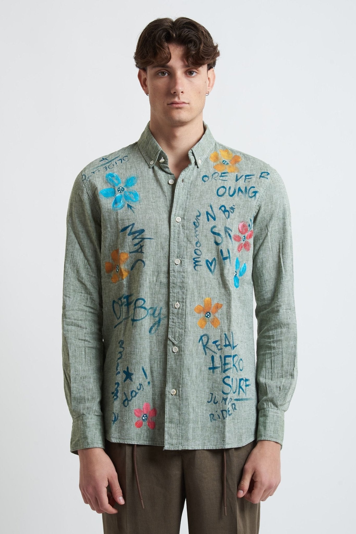 Camicia in Lino e Cotone Dipinta a Mano con Collo Classico - De Matteo Uomo