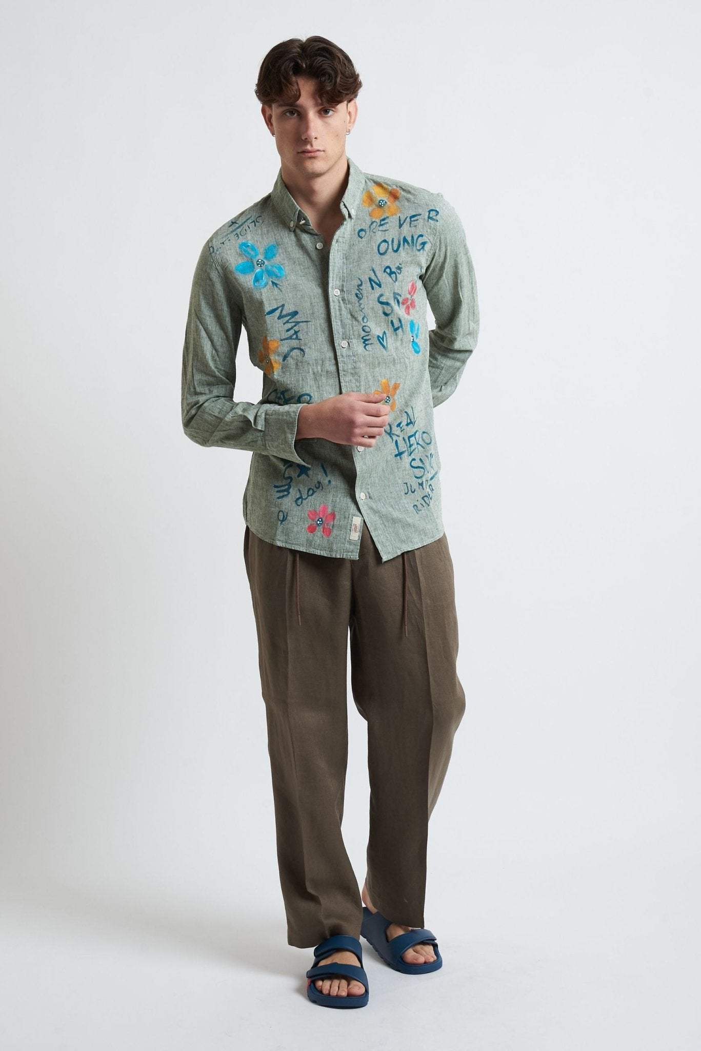 Camicia in Lino e Cotone Dipinta a Mano con Collo Classico - De Matteo Uomo