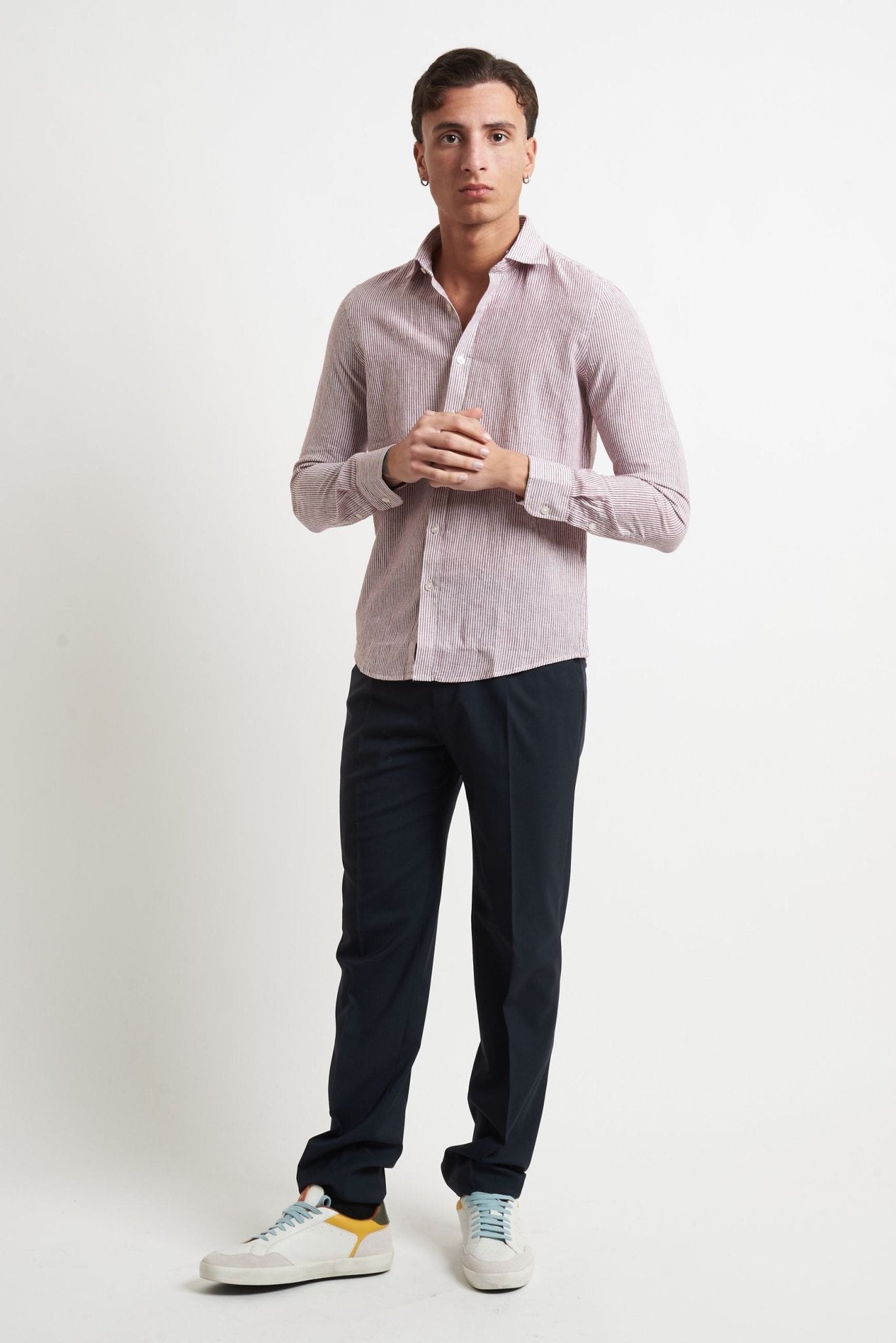 Camicia Rigata in Lino e Cotone con Chiusura a Bottoni - De Matteo Uomo