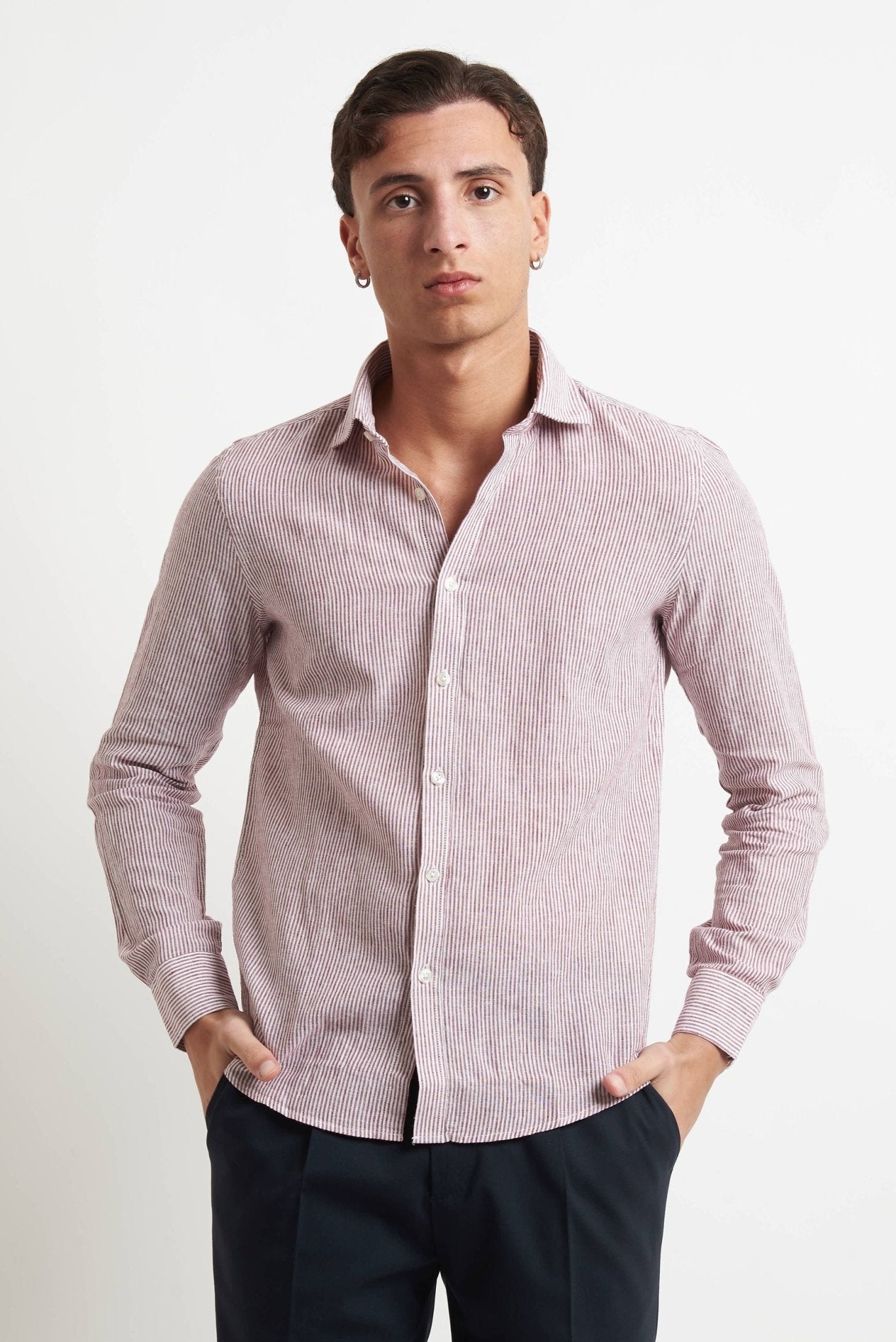 Camicia Rigata in Lino e Cotone con Chiusura a Bottoni - De Matteo Uomo