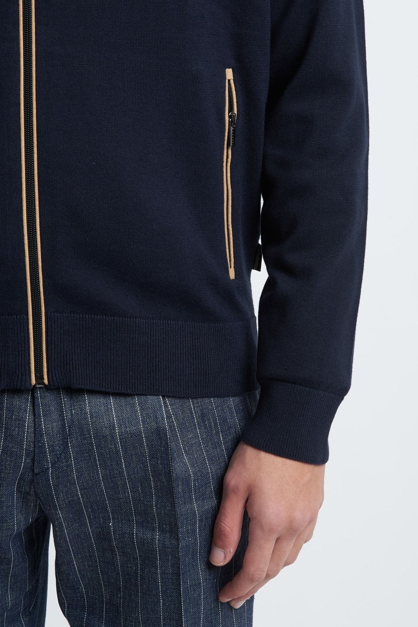 Cardigan Basic con Cerniera e Intarsi Beige in Cotone - De Matteo Uomo