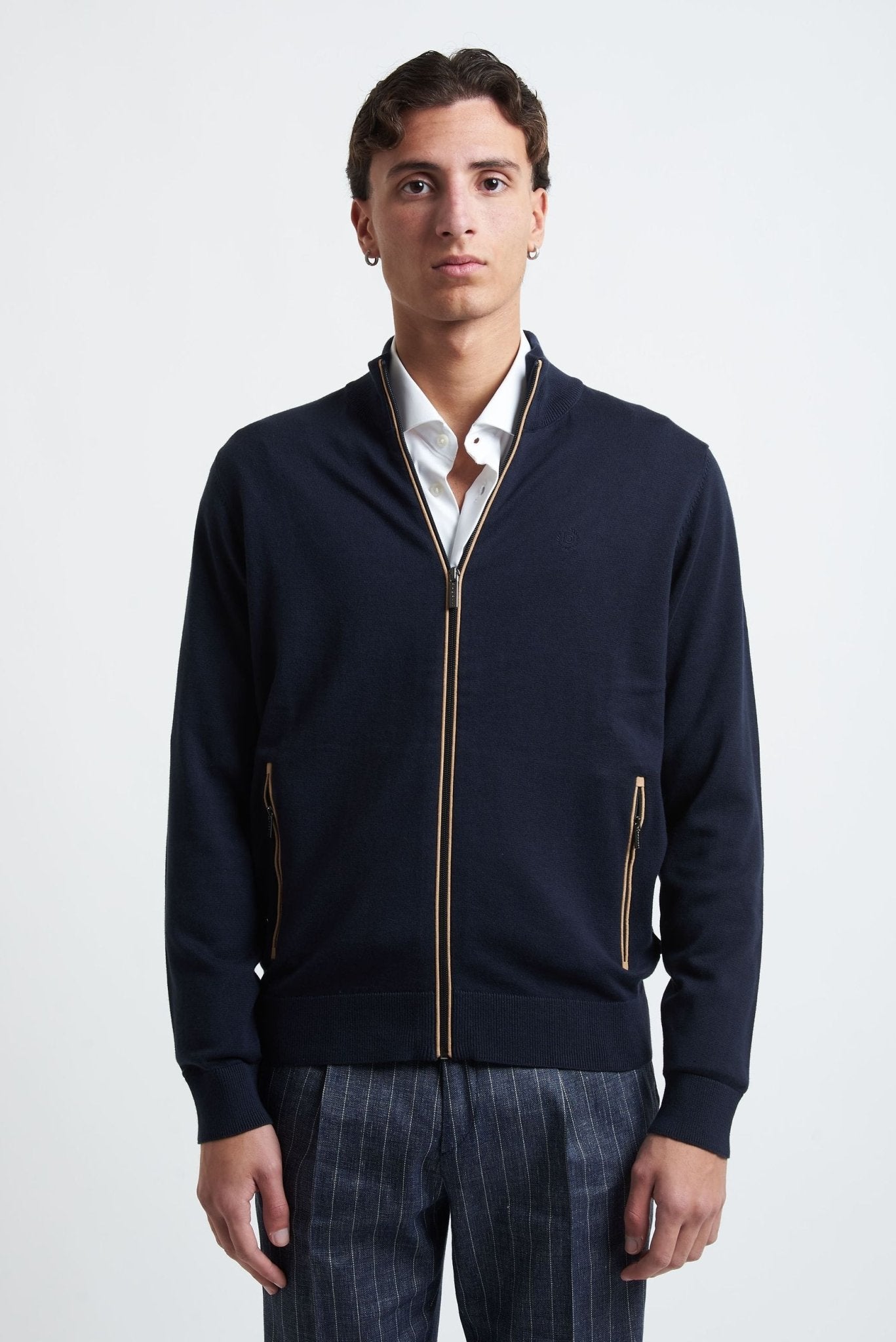 Cardigan Basic con Cerniera e Intarsi Beige in Cotone - De Matteo Uomo