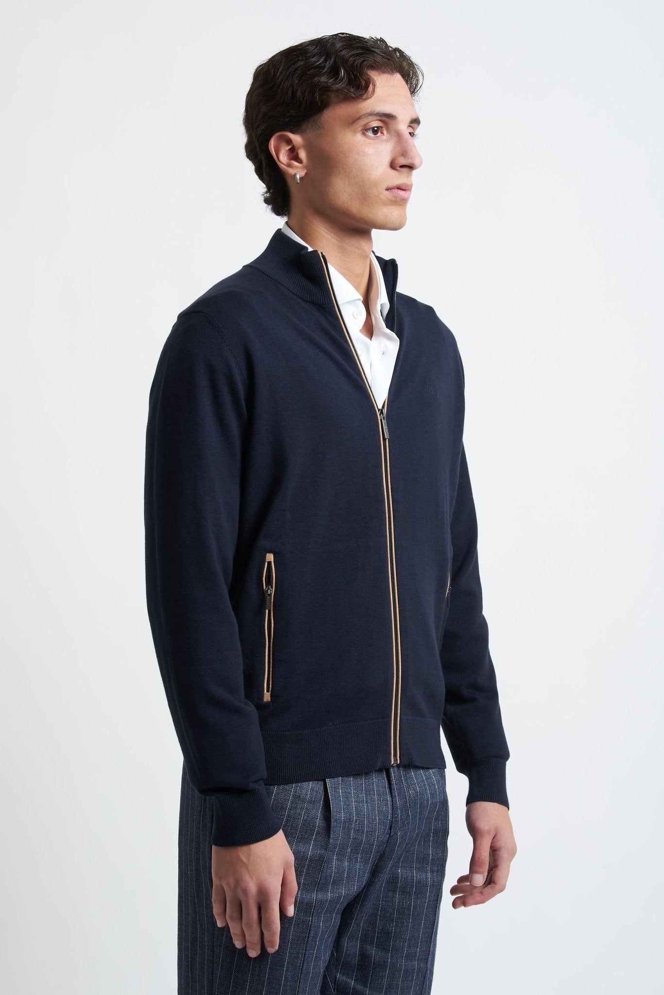 Cardigan Basic con Cerniera e Intarsi Beige in Cotone - De Matteo Uomo