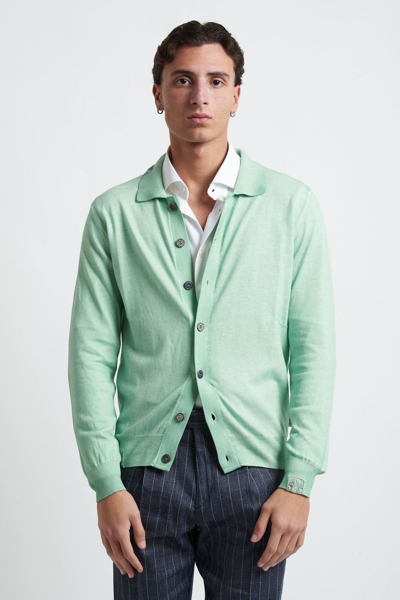 Cardigan con Collo Colore Anice in Cotone - De Matteo Uomo