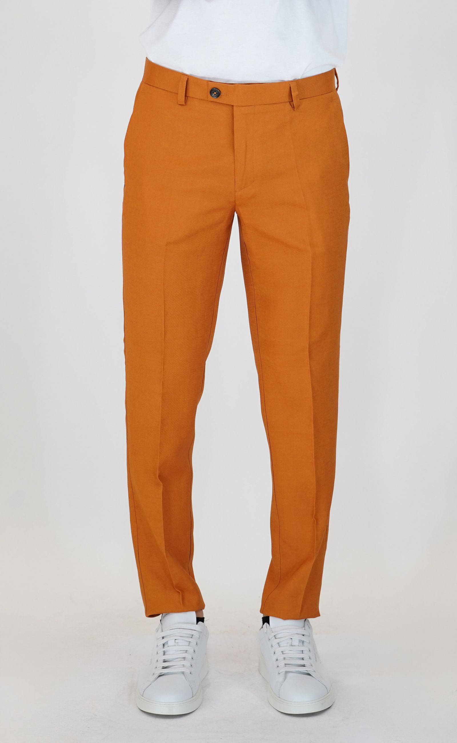 Pantaloni con Tasche America e Tasche Posteriori a Filo in Lino e Viscosa