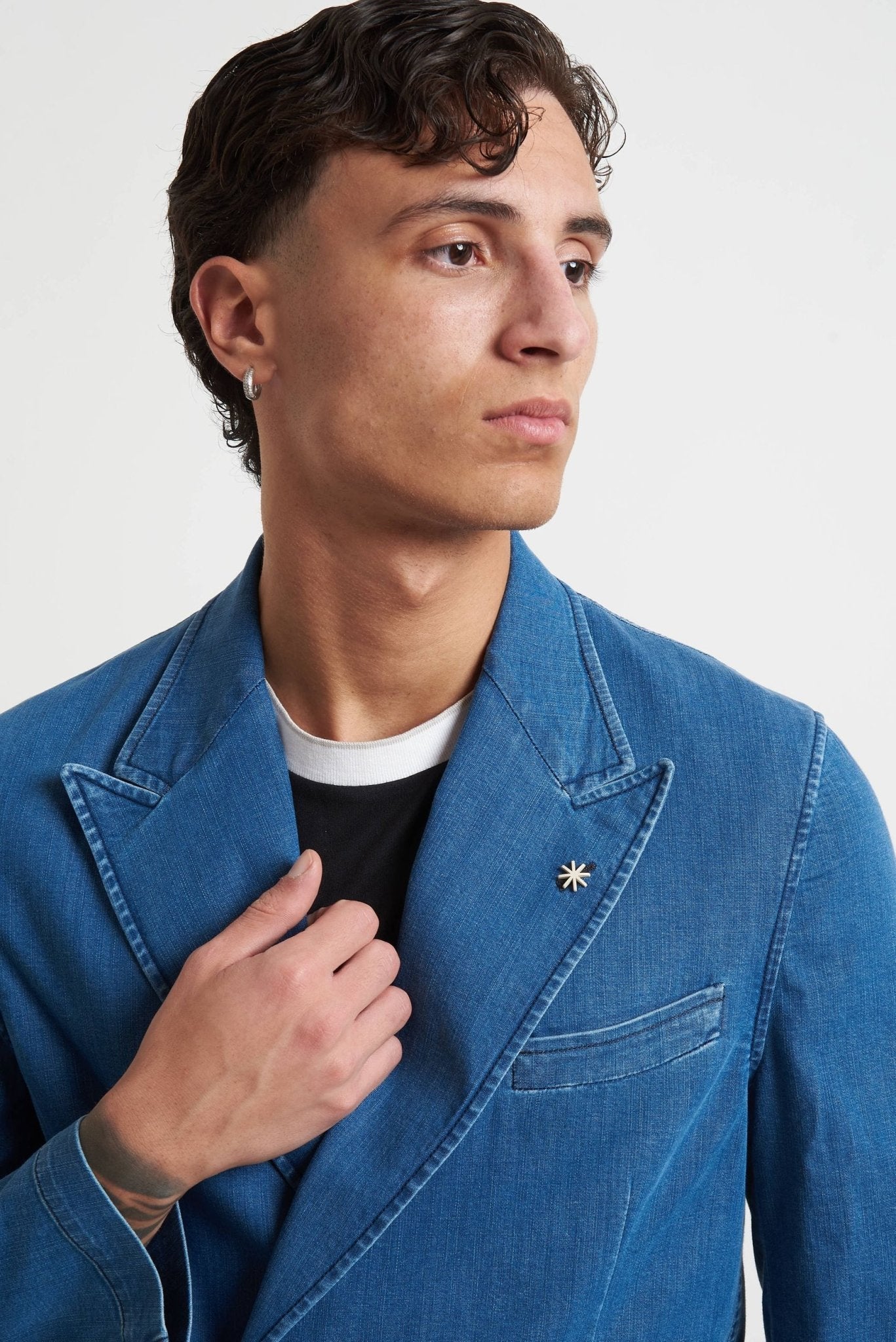 Giacca Doppiopetto in Denim con Rever a Lancia e Tasche a Toppa g2708l2 - De Matteo Uomo