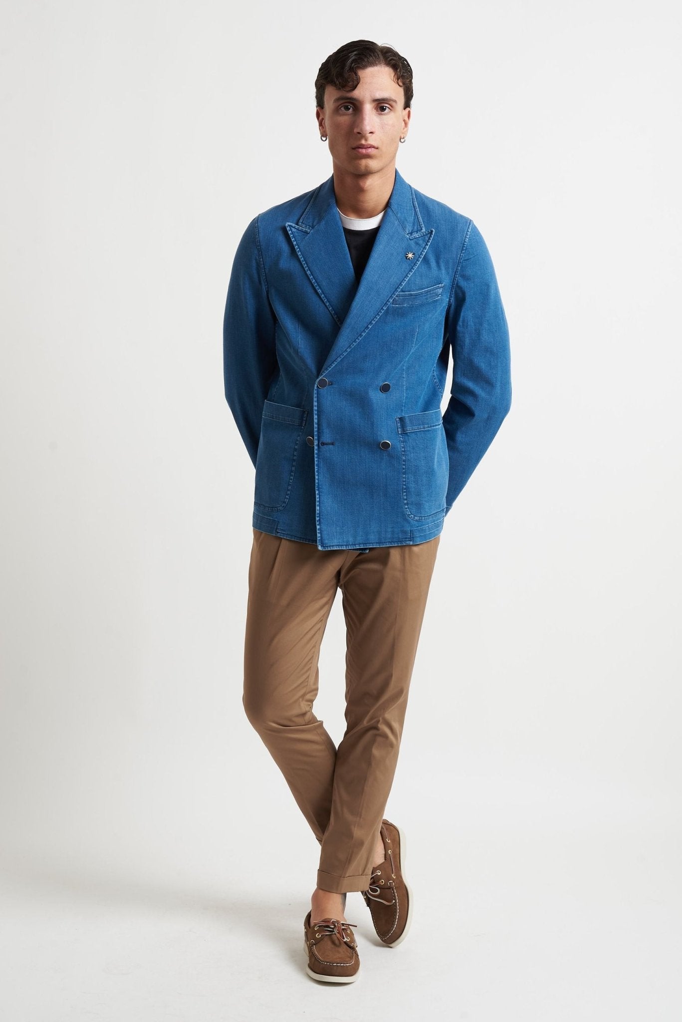Giacca Doppiopetto in Denim con Rever a Lancia e Tasche a Toppa g2708l2 - De Matteo Uomo
