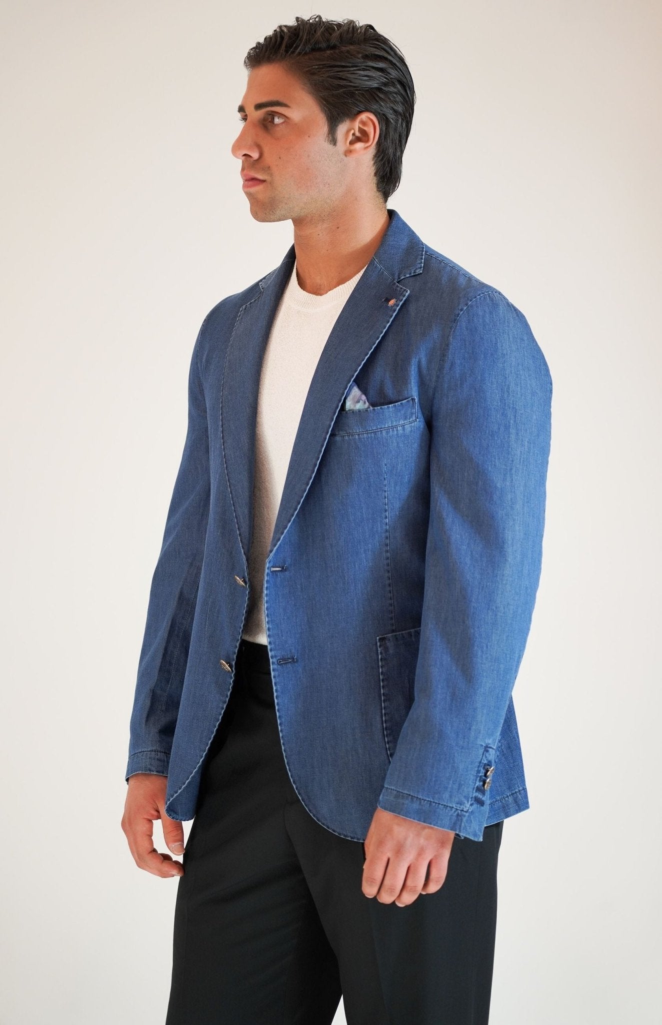 Giacca Monopetto in Cotone Effetto Jeans con 2 Bottoni e Rever Classico - De Matteo Uomo