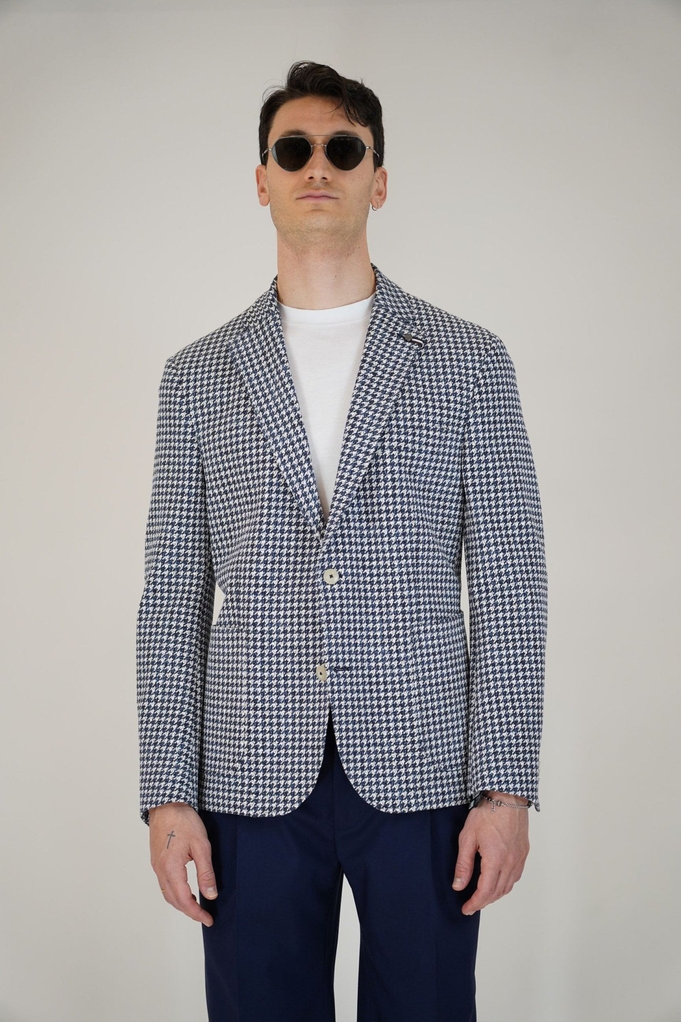 Giacca Monopetto Pied de Poule Drop 4 Sfoderata con Rever Classico - De Matteo Uomo