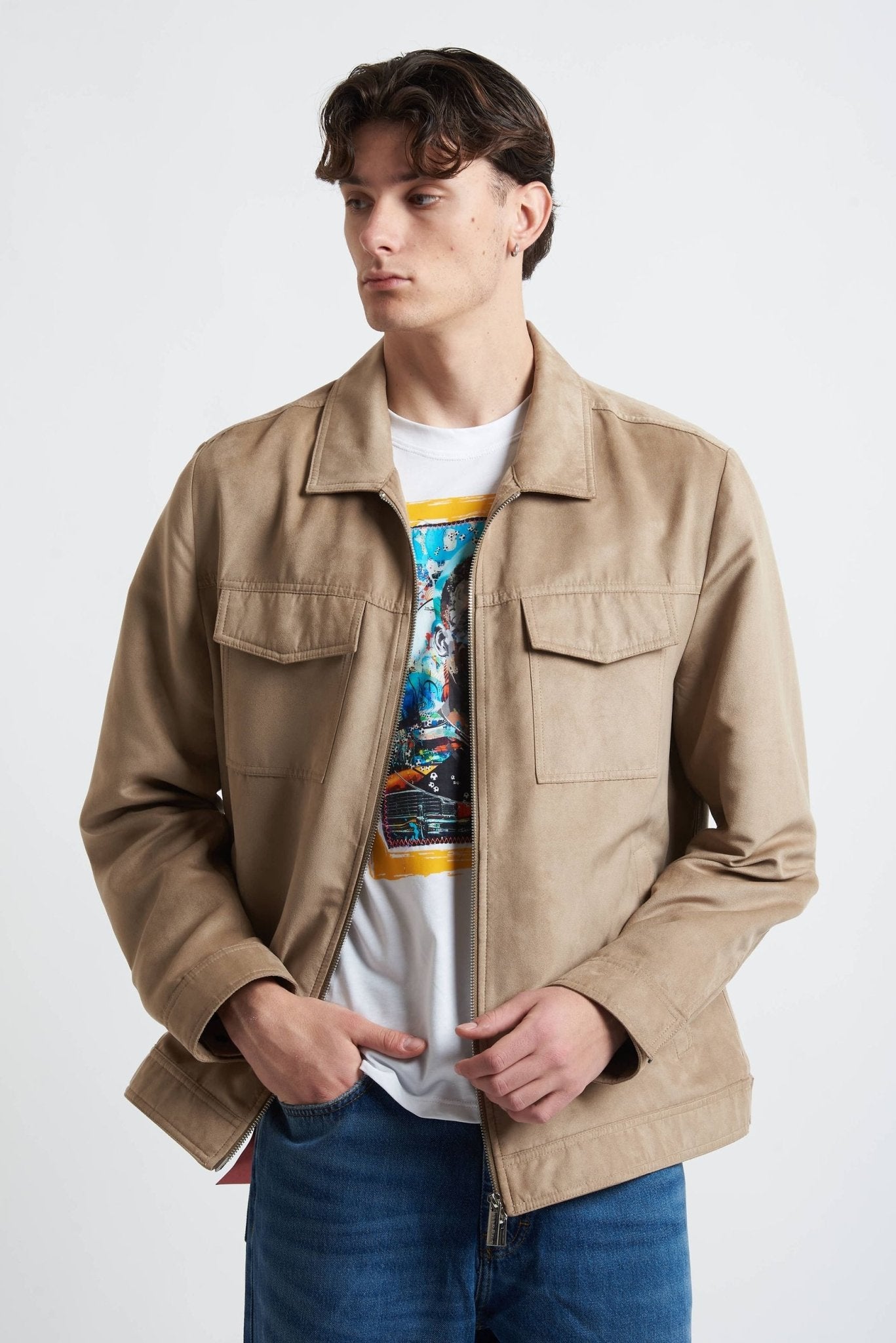 Giubbino Semifoderato Effetto Camoscio con Collo Camicia e Chiusura Zip - De Matteo Uomo