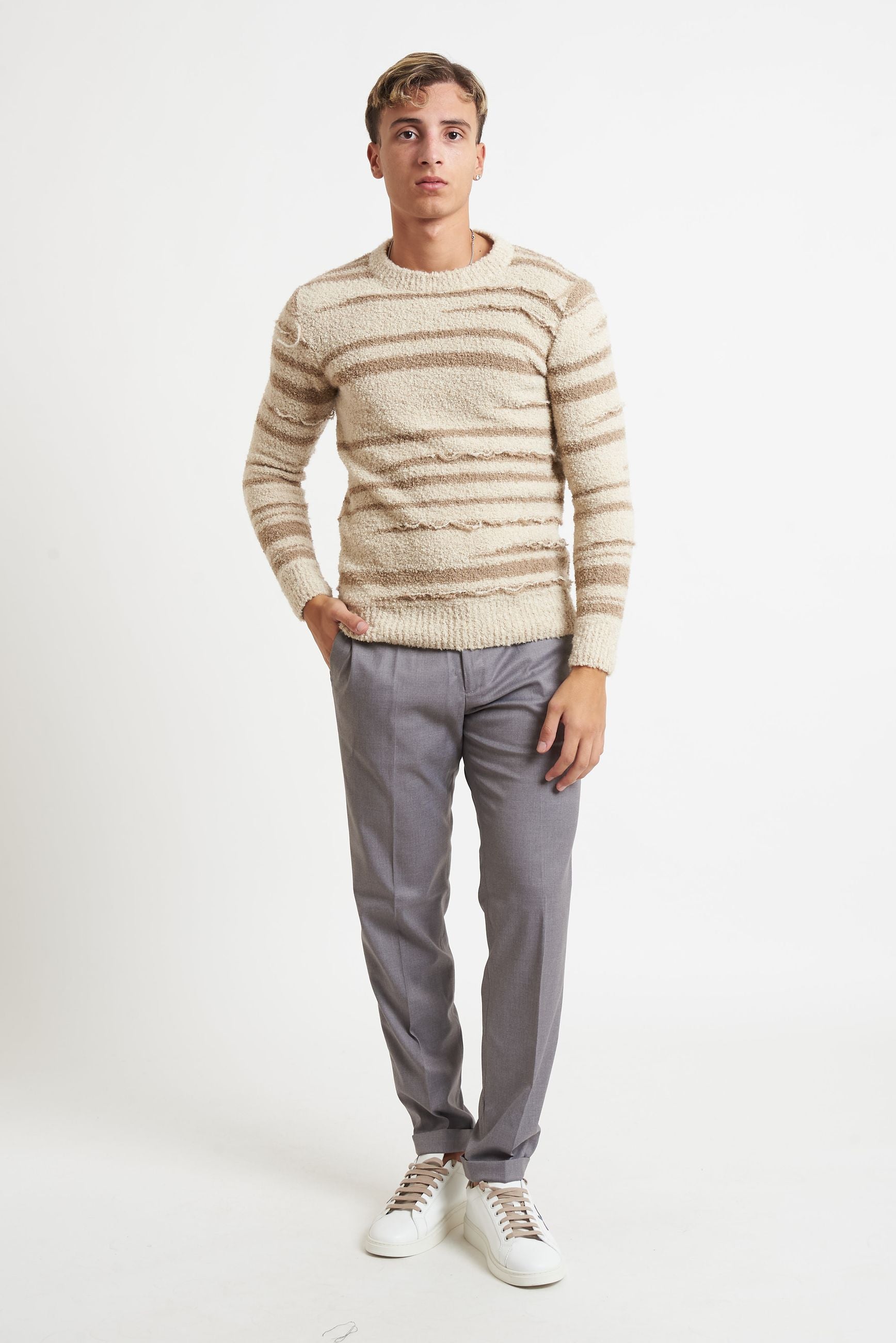 prime homme Maglia Girocollo Uomo a Righe Orizzontali con Effetto Sfilato ma133