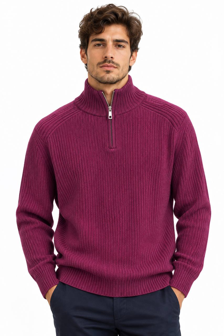 Maglione Uomo con Mezza Zip e Collo Alto in Lana e Cotone - De Matteo Uomo
