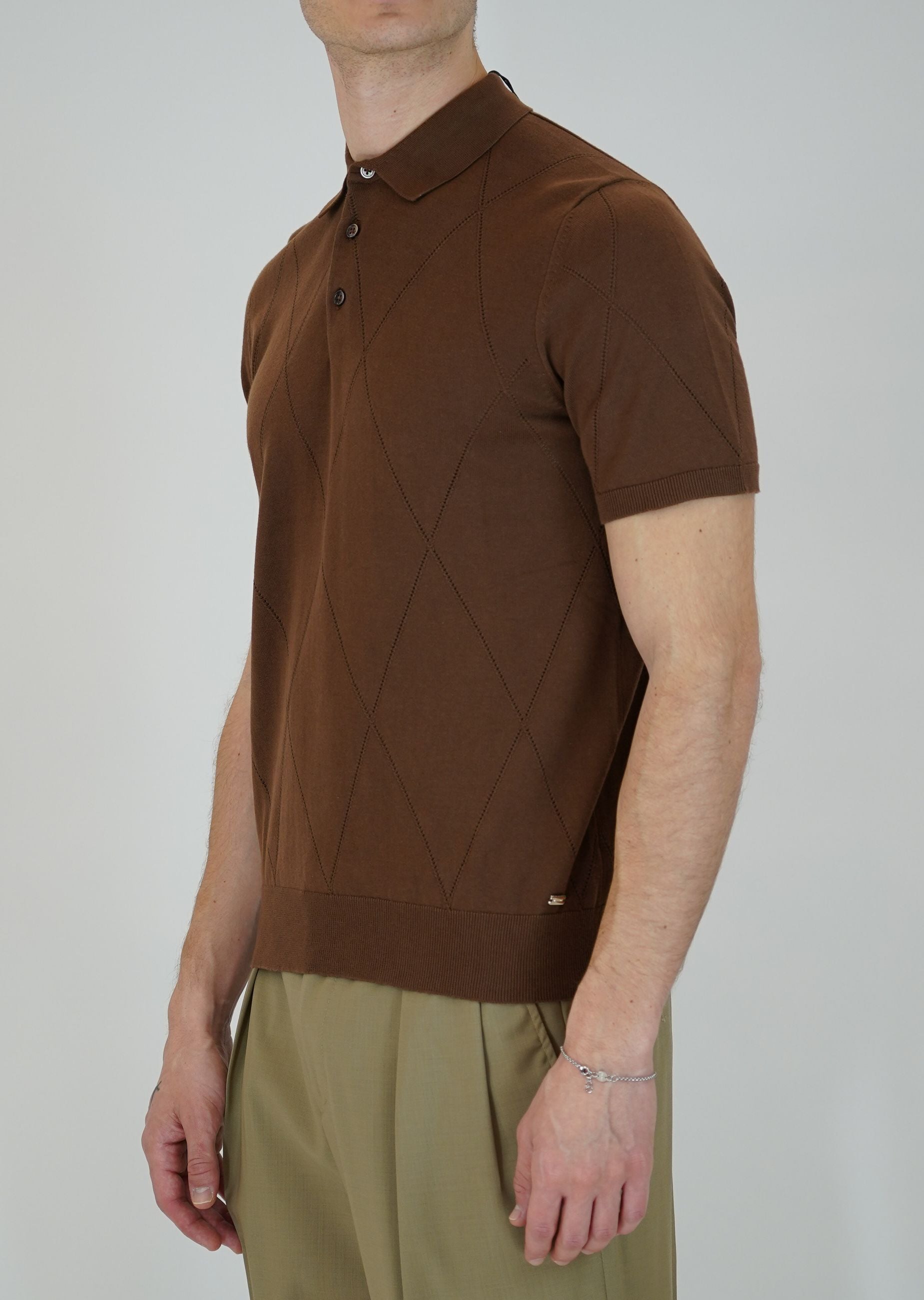 Polo in Maglia Manica Corta Traforata con Fantasia a Rombo
