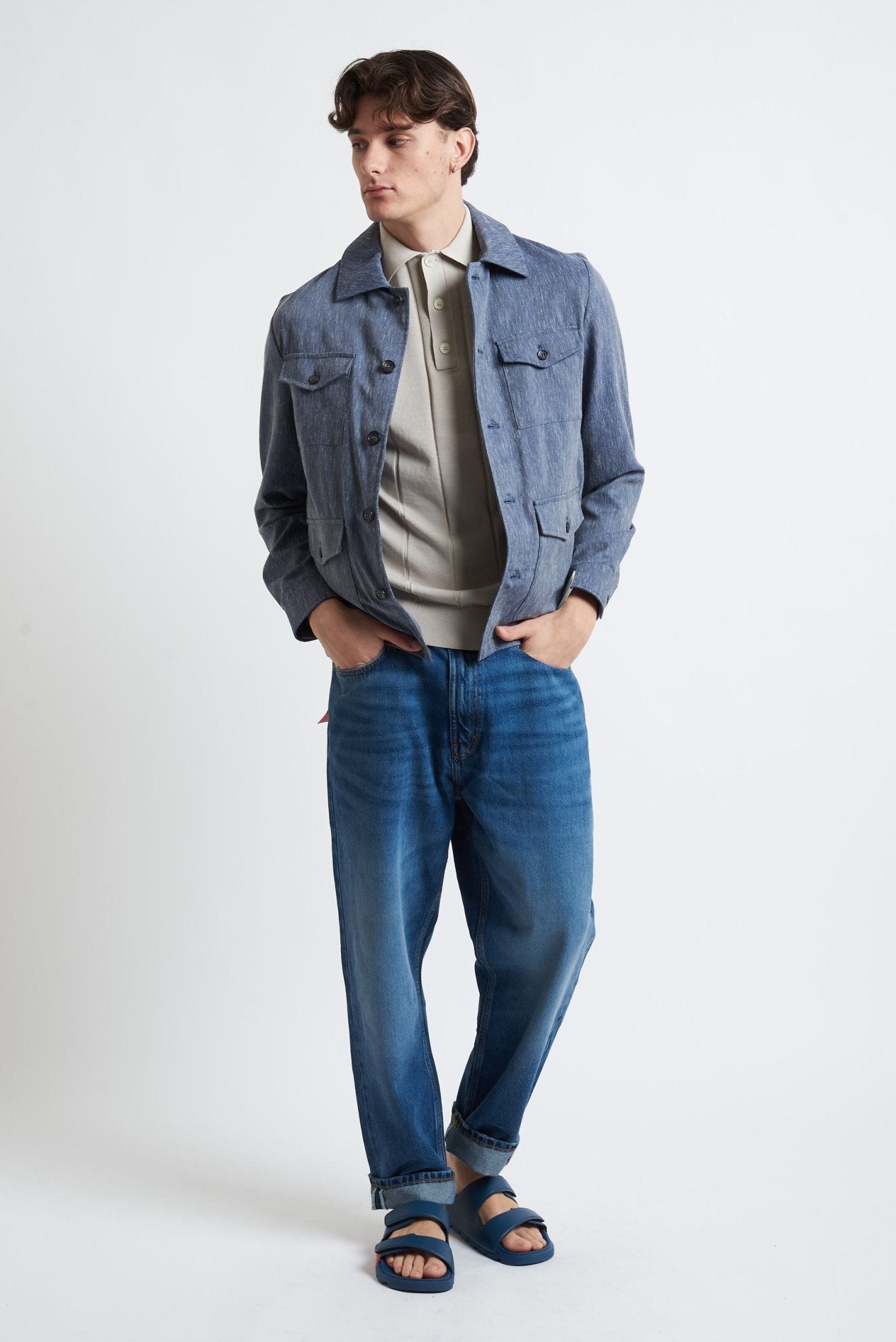 Overshirt con Tasconi e Chiusura a Bottoni in Tessuto Grisaglia - De Matteo Uomo
