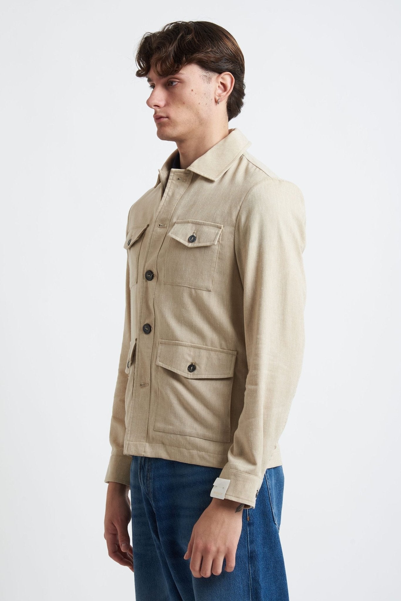 Overshirt con Tasconi e Chiusura a Bottoni in Tessuto Grisaglia - De Matteo Uomo