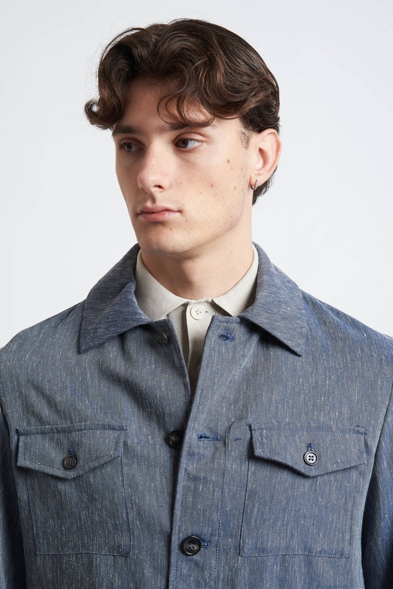 Overshirt con Tasconi e Chiusura a Bottoni in Tessuto Grisaglia - De Matteo Uomo