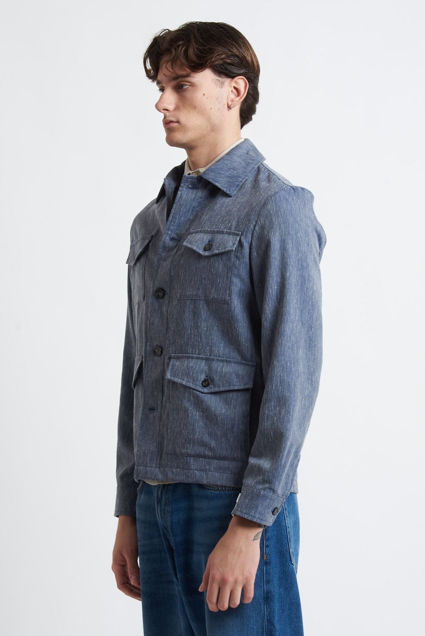 Overshirt con Tasconi e Chiusura a Bottoni in Tessuto Grisaglia - De Matteo Uomo