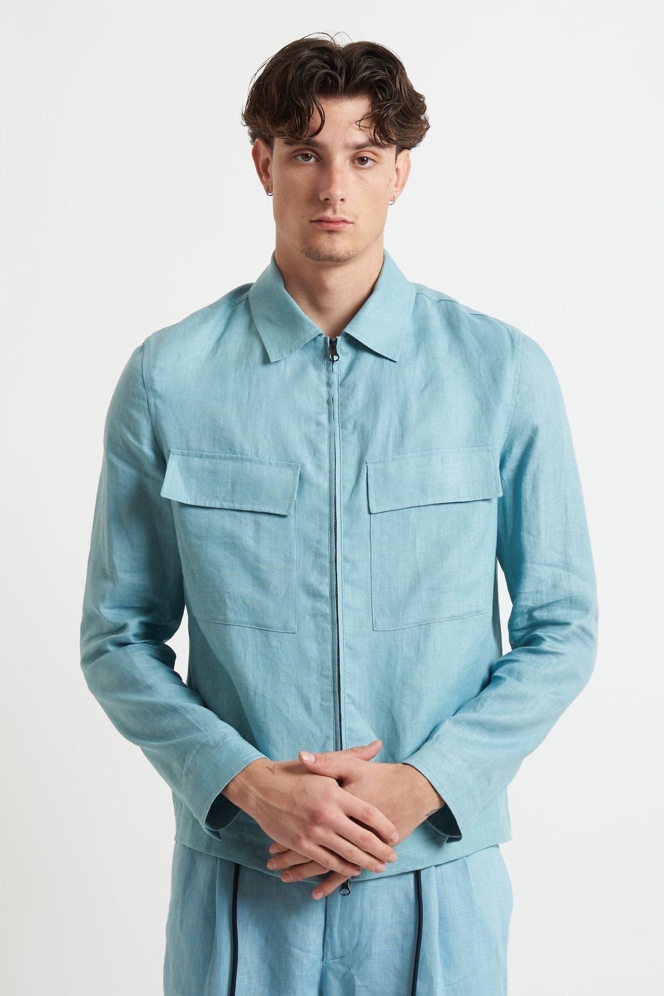 Overshirt in Lino con Cerniera e Tasconi h8407 - De Matteo Uomo