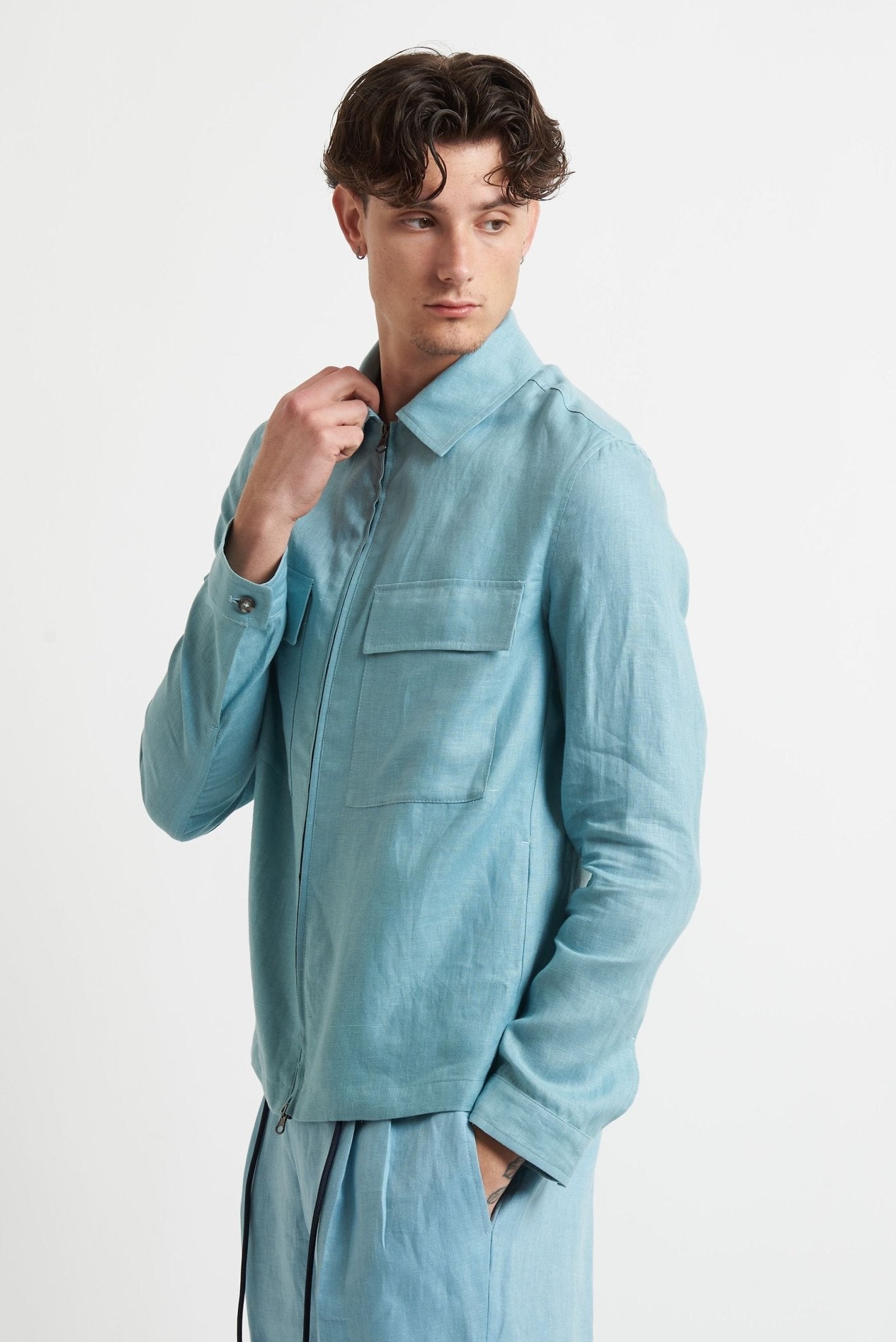Overshirt in Lino con Cerniera e Tasconi h8407 - De Matteo Uomo
