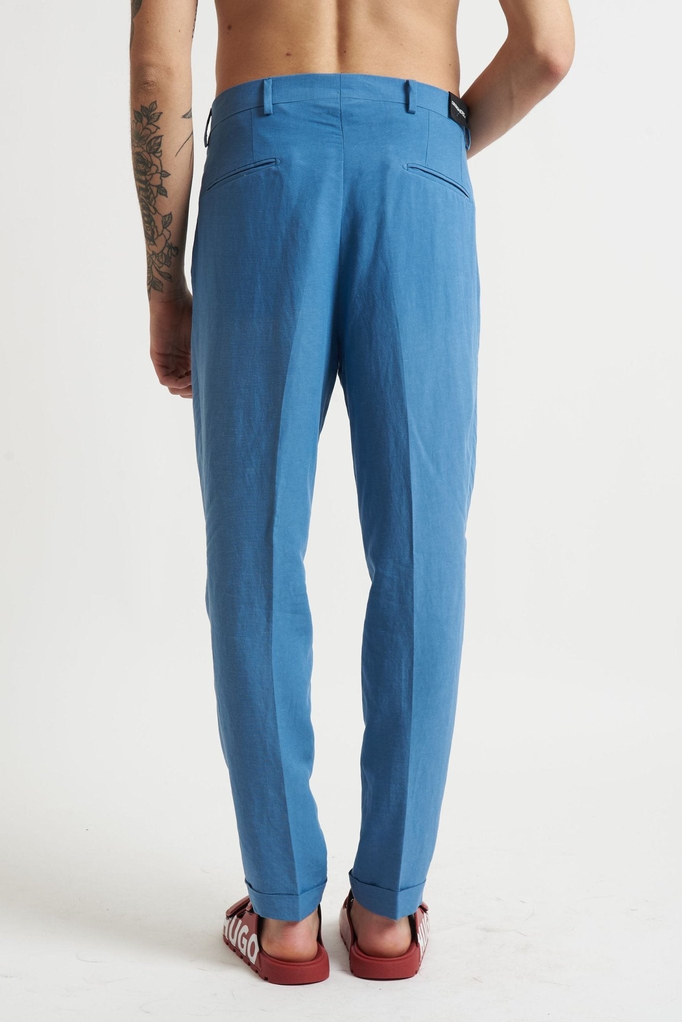 Pantalone con Doppia Pence Tasche America e Risvoltino Cucito in Tencel e Lino - De Matteo Uomo