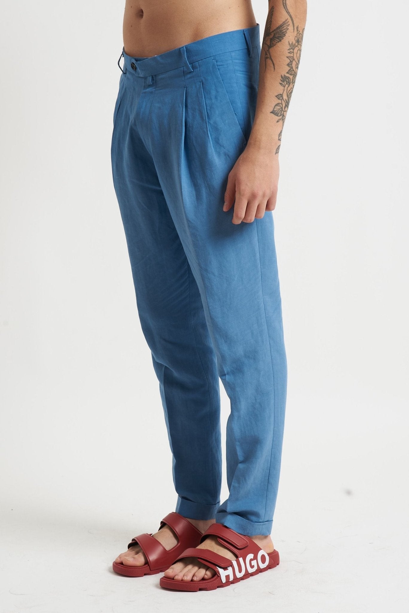Pantalone con Doppia Pence Tasche America e Risvoltino Cucito in Tencel e Lino - De Matteo Uomo