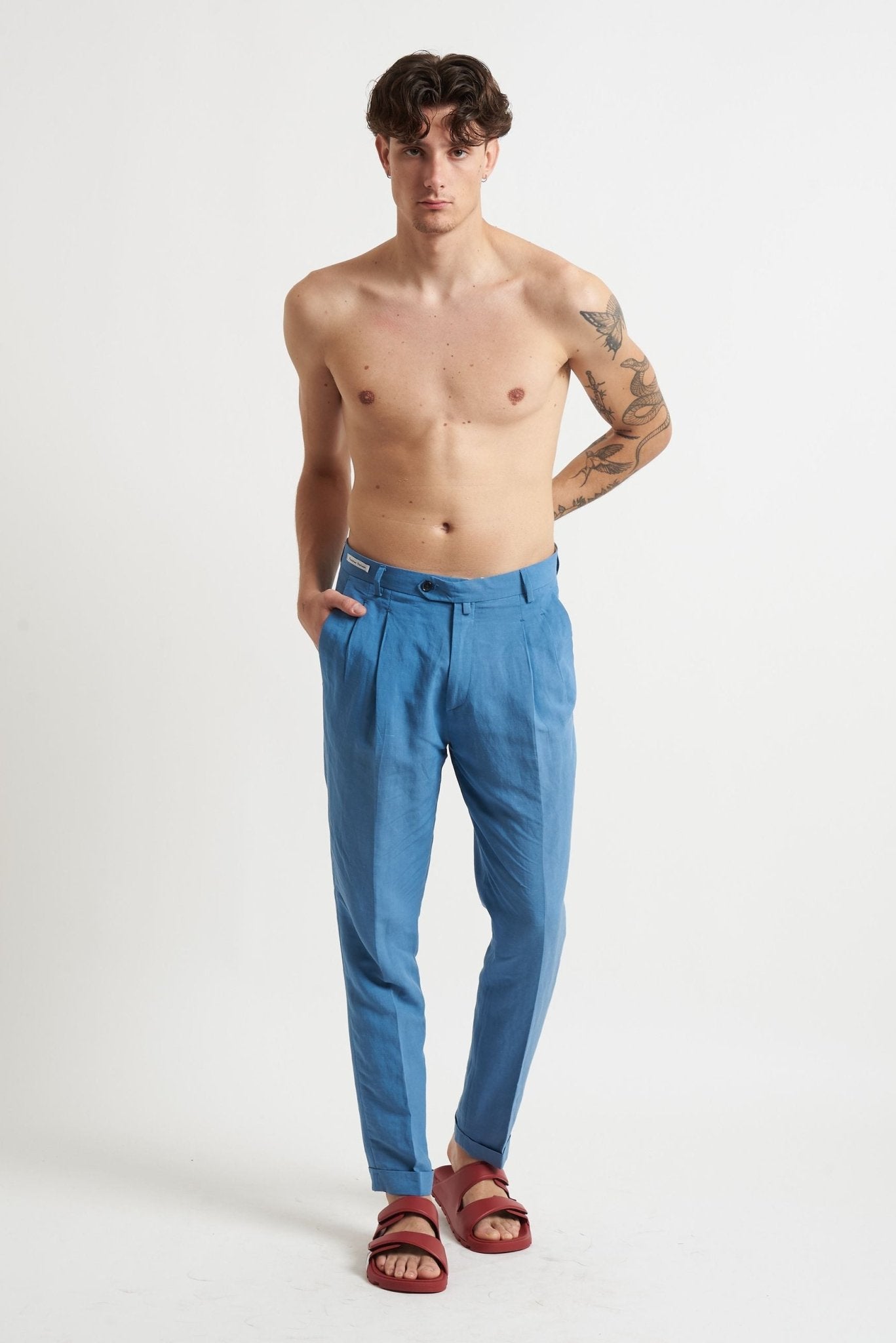 Pantalone con Doppia Pence Tasche America e Risvoltino Cucito in Tencel e Lino - De Matteo Uomo