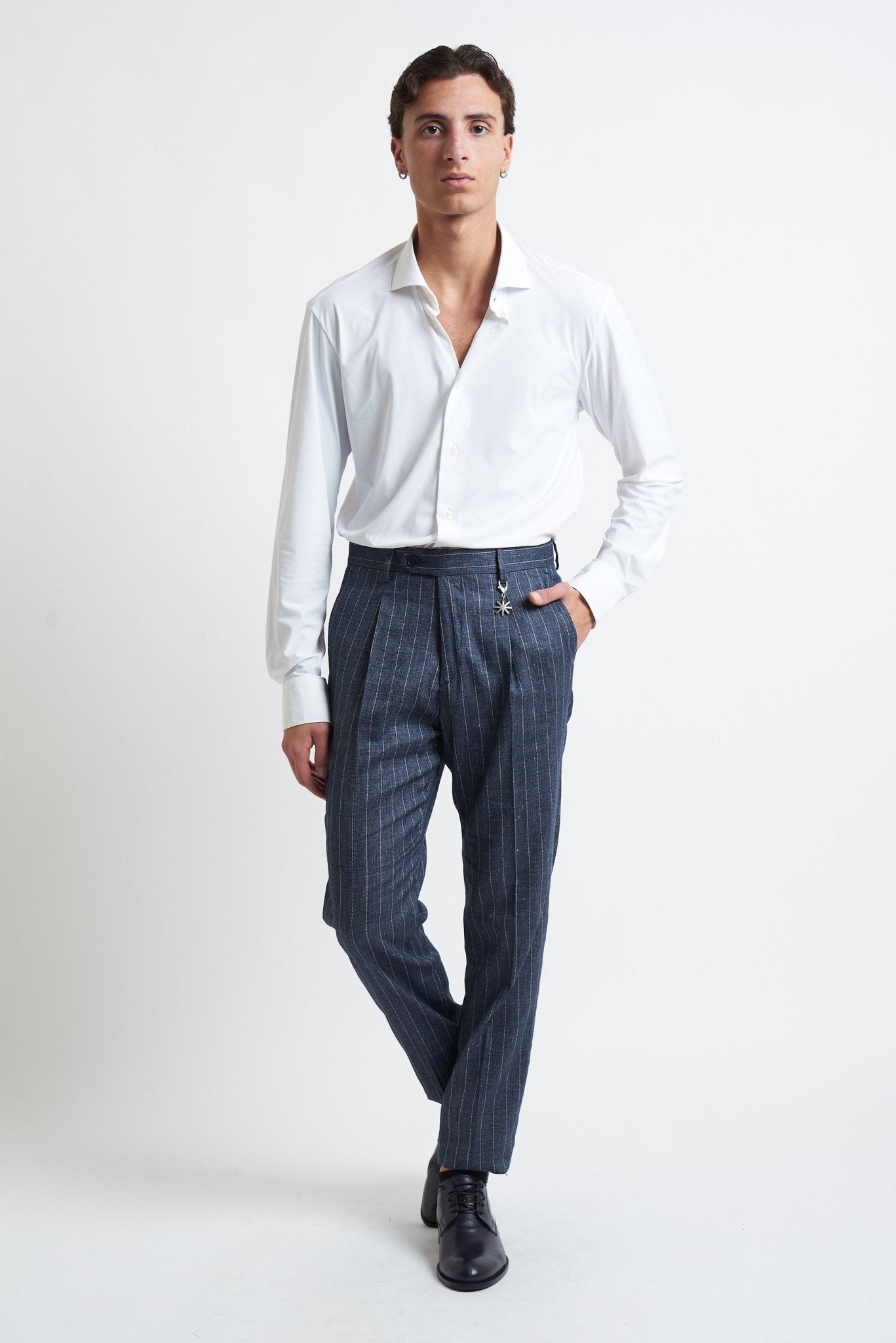 Pantalone Gessato con Pence e Chiusura con Clip - De Matteo Uomo